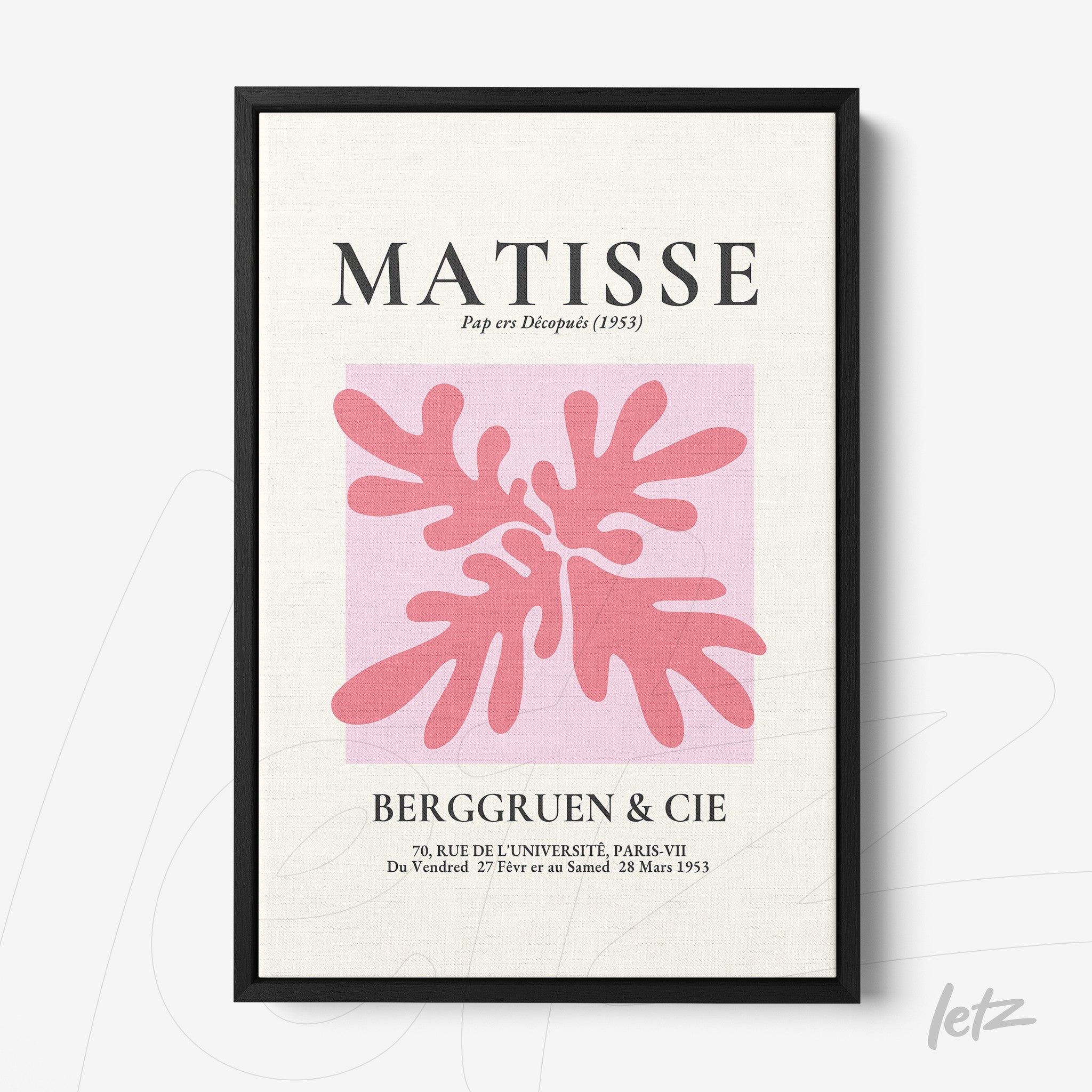 quadro com arte moderna de Matisse em moldura preta, apresentando formas orgânicas em tons de rosa sobre fundo claro