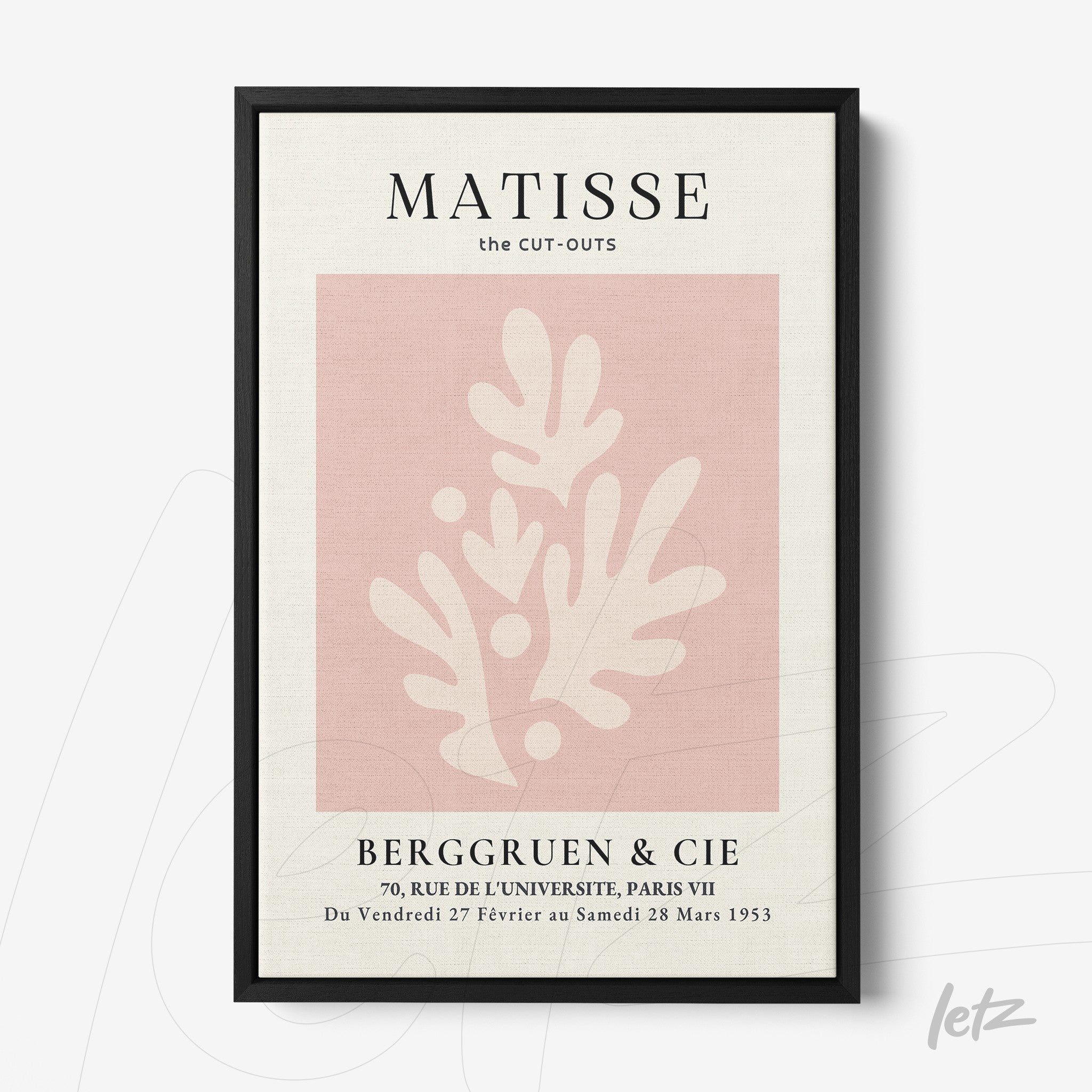 quadro com arte em estilo moderno, com fundo rosa claro e formas abstratas em tom creme, moldura preta