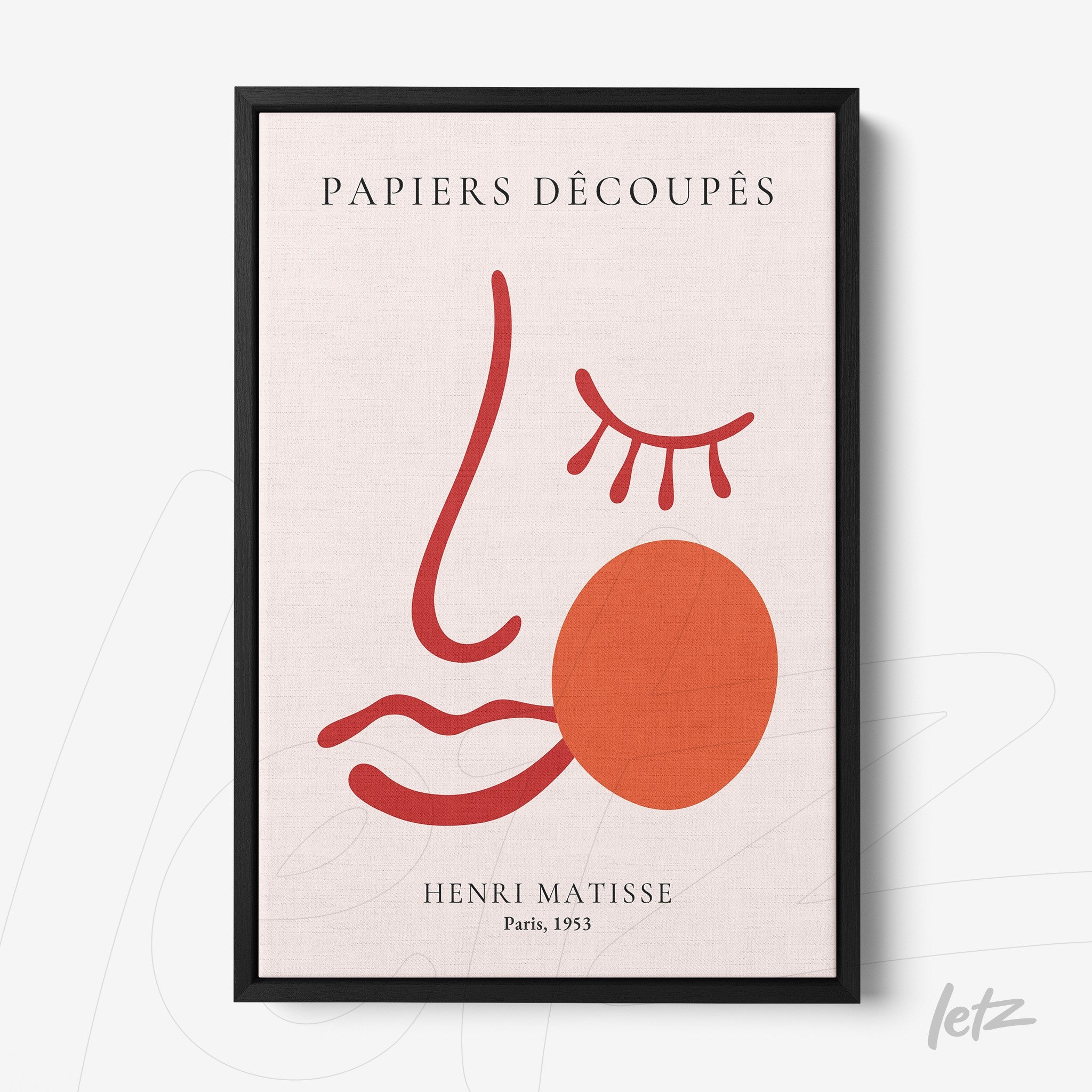 quadro com arte abstrata de rosto minimalista em tons de vermelho e fundo claro, moldura preta