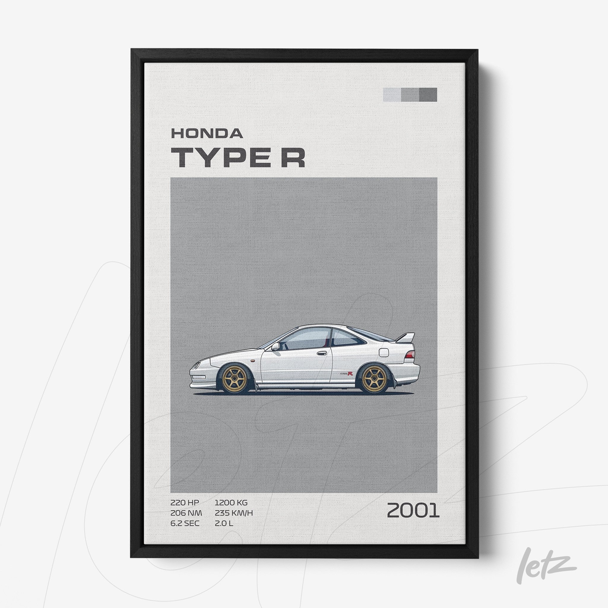 quadro com ilustração minimalista do carro Honda Type R de 2001 em moldura preta