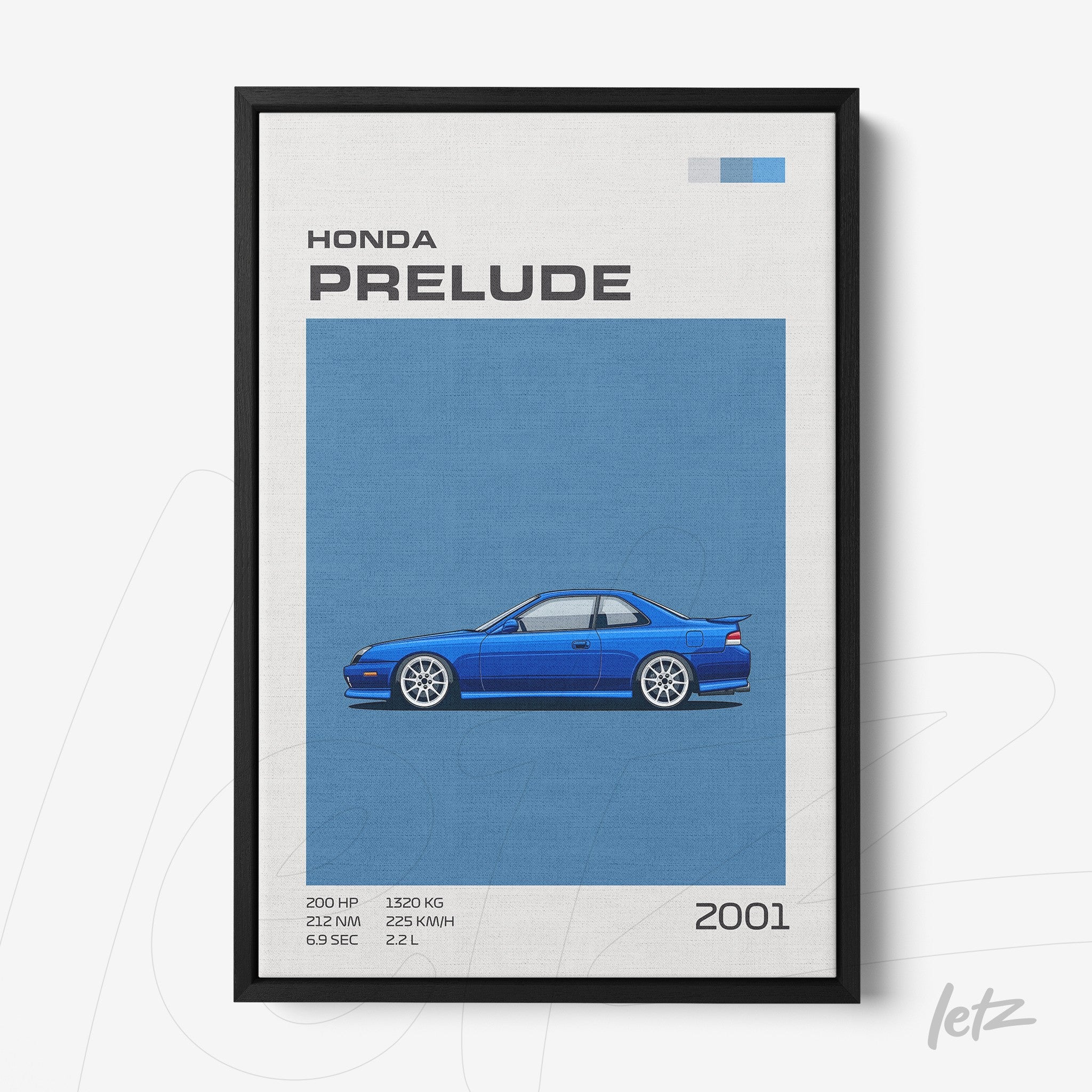 quadro com arte digital de carro Honda Prelude azul sobre fundo azul com moldura preta