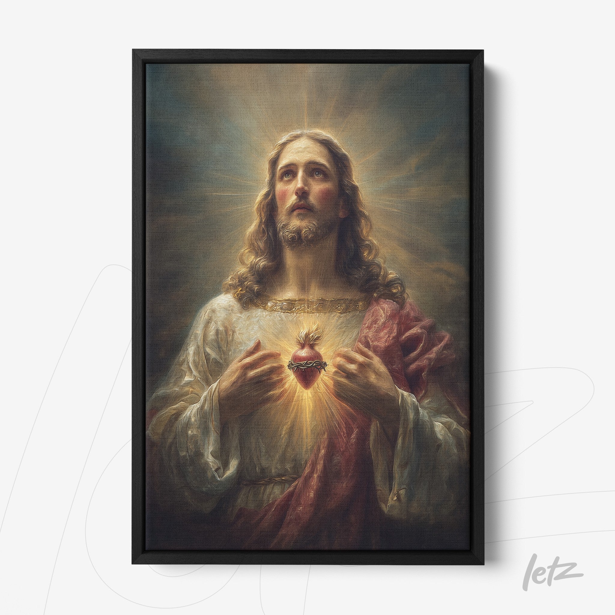 quadro com arte religiosa de Jesus Cristo em moldura preta, destacando o Sagrado Coração iluminado