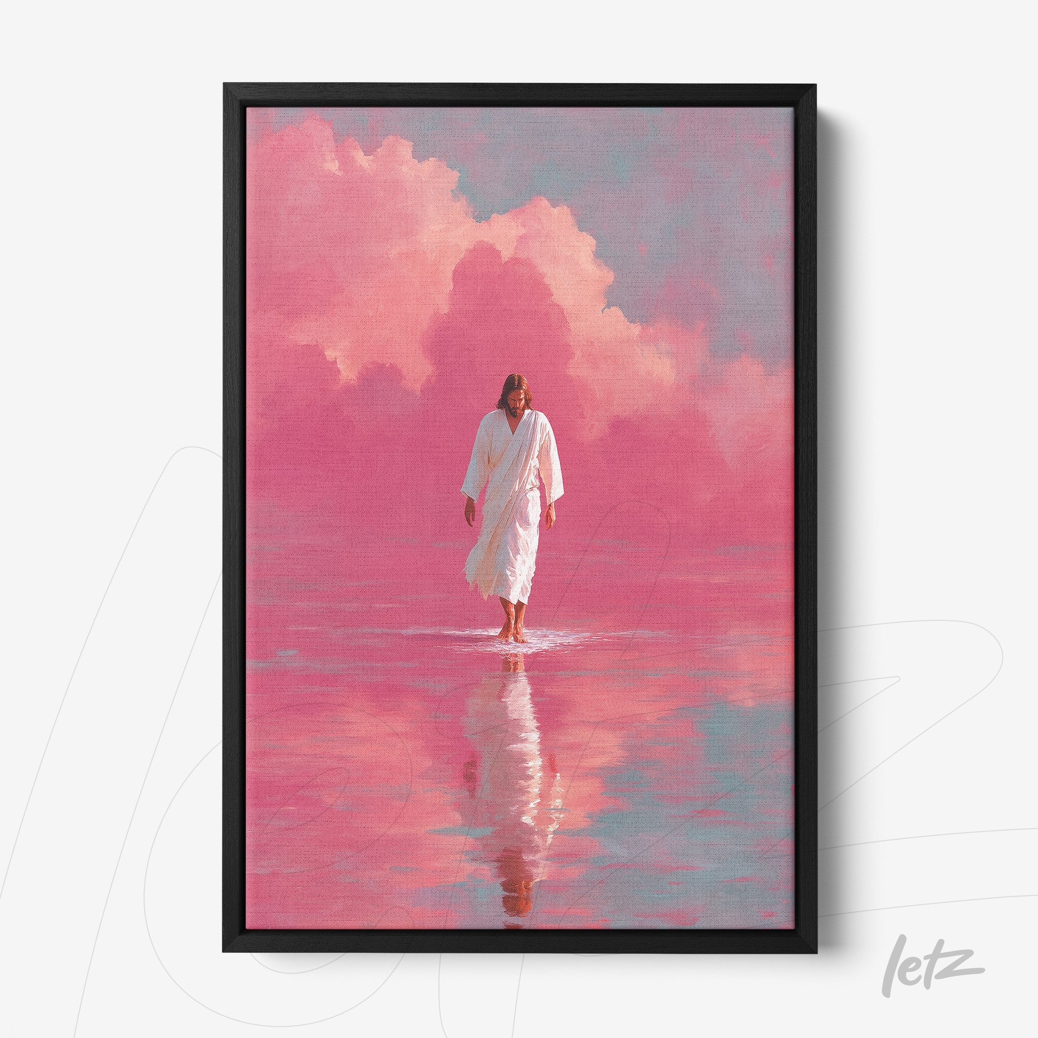 quadro com arte espiritual de figura caminhando sobre água em fundo rosa com nuvens