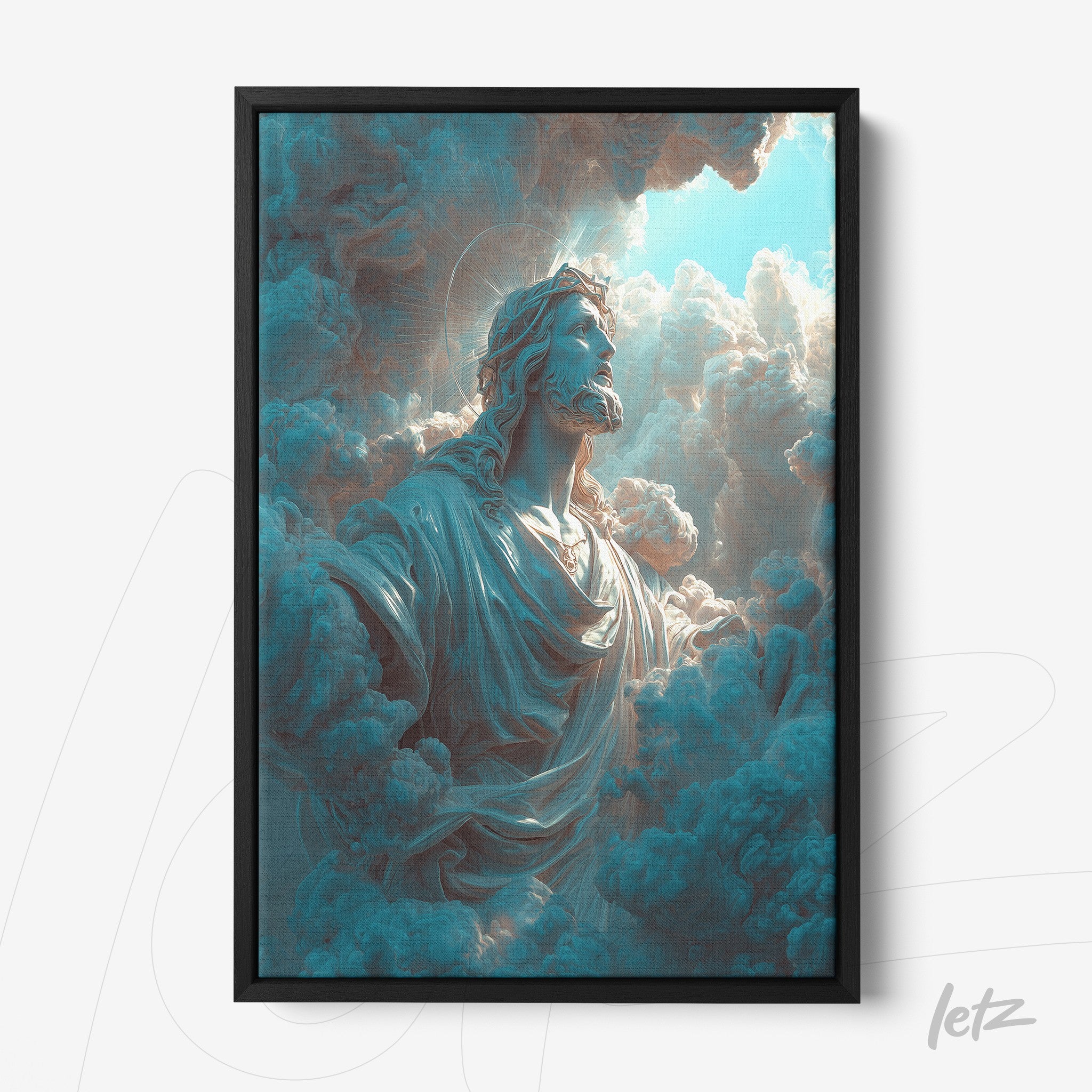 quadro com arte religiosa de figura divina emergindo entre nuvens em moldura preta