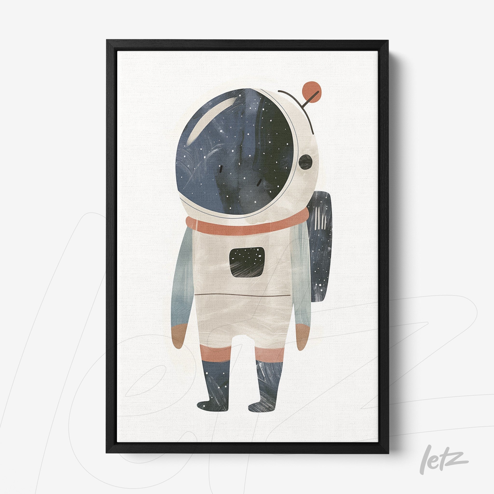 quadro com ilustração de astronauta em estilo aquarelado, com fundo claro e moldura preta
