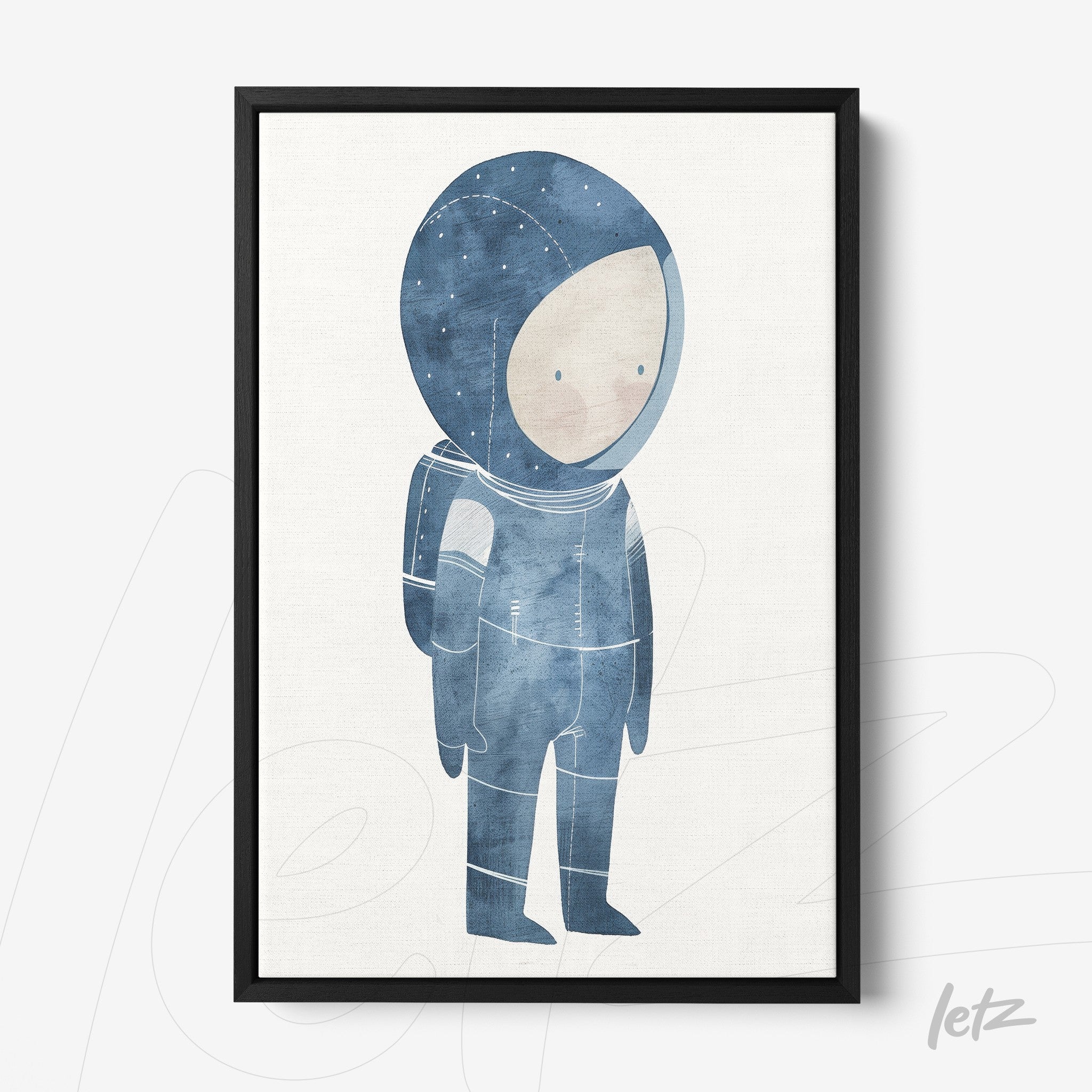 quadro com ilustração de astronauta em tons de azul e moldura preta