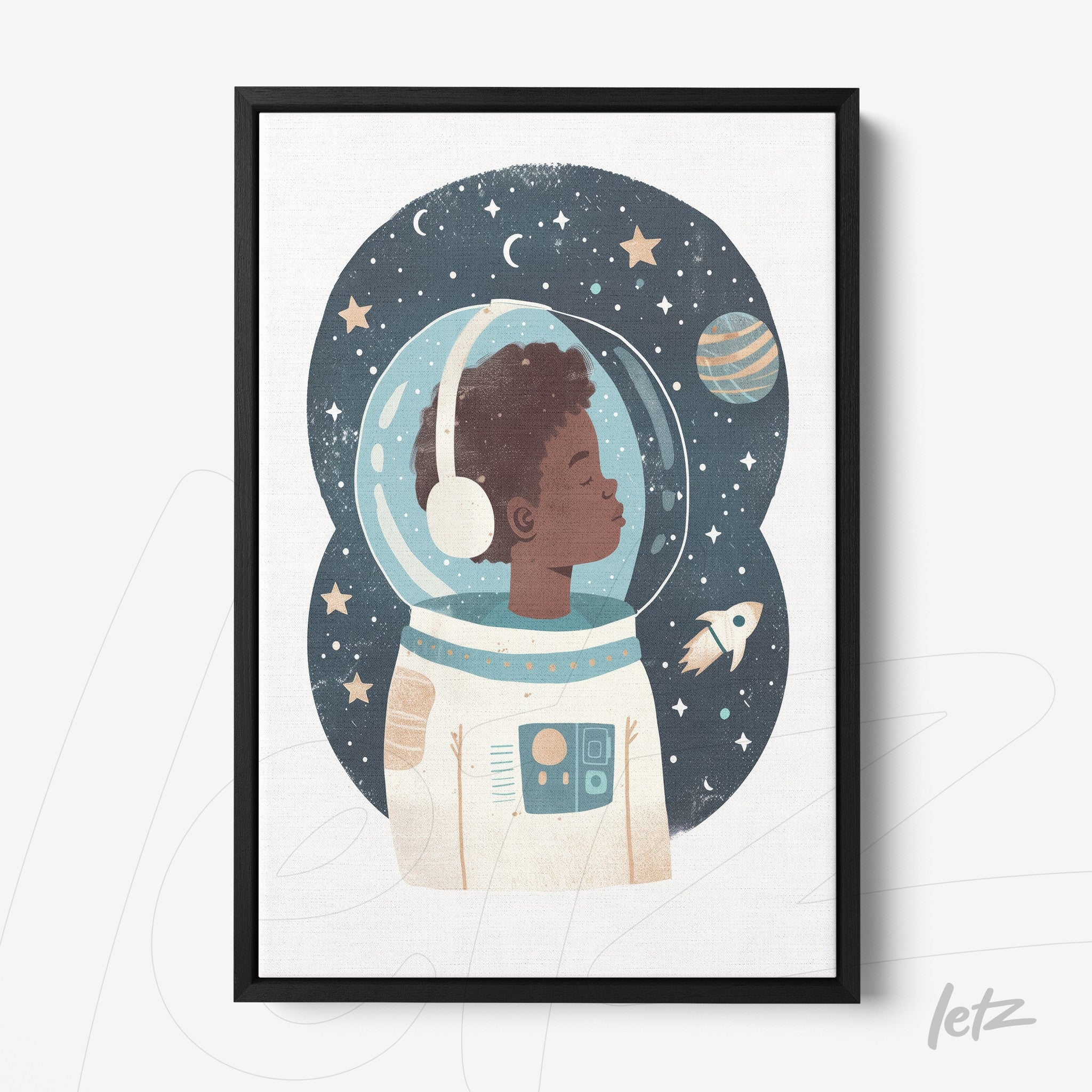 quadro com ilustração de um astronauta negro em fundo estrelado, moldura preta