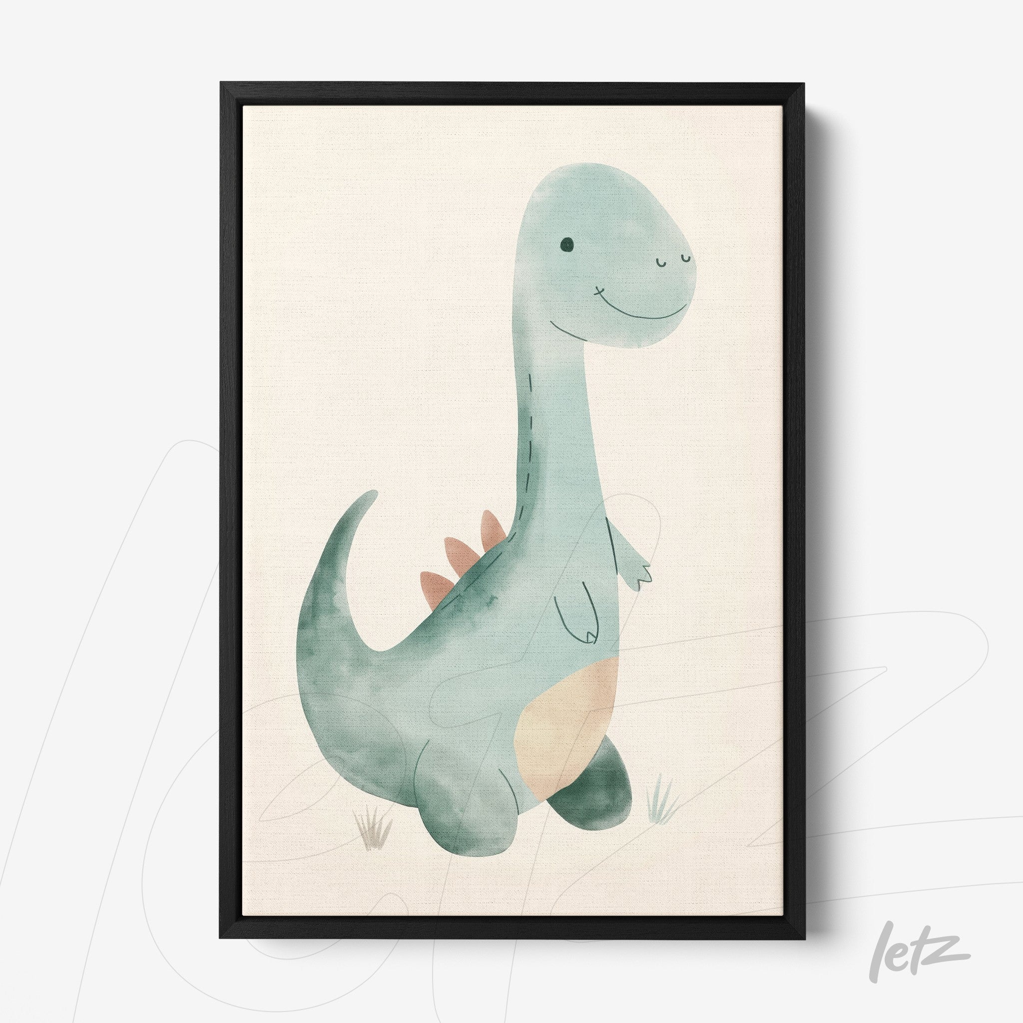 quadro em tela com ilustração de dinossauro amigável em fundo claro, moldura preta