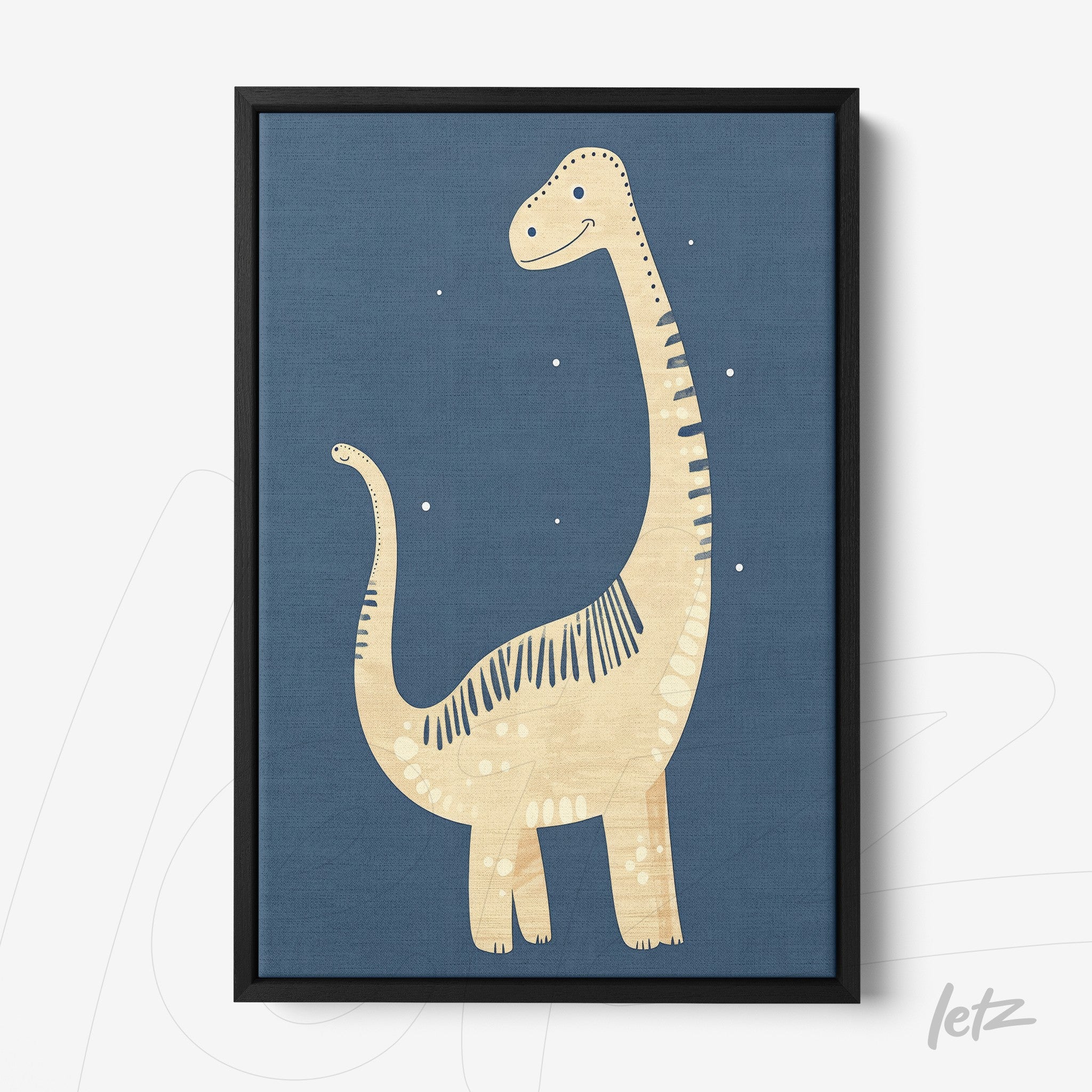 quadro com ilustração de dinossauro amigável em fundo azul com moldura preta