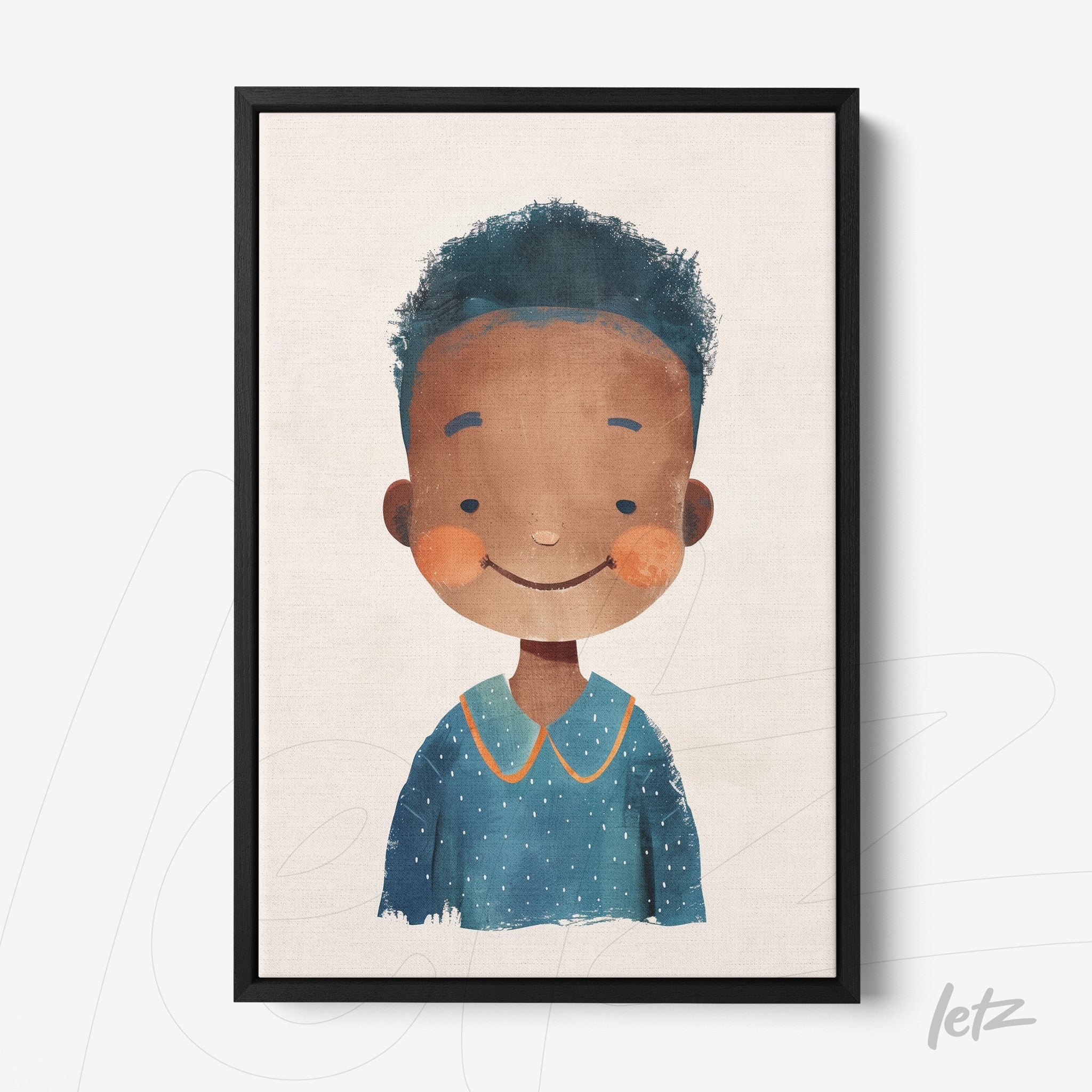 quadro com ilustração infantil de garoto sorridente com cabelo crespo e camisa azul em moldura preta