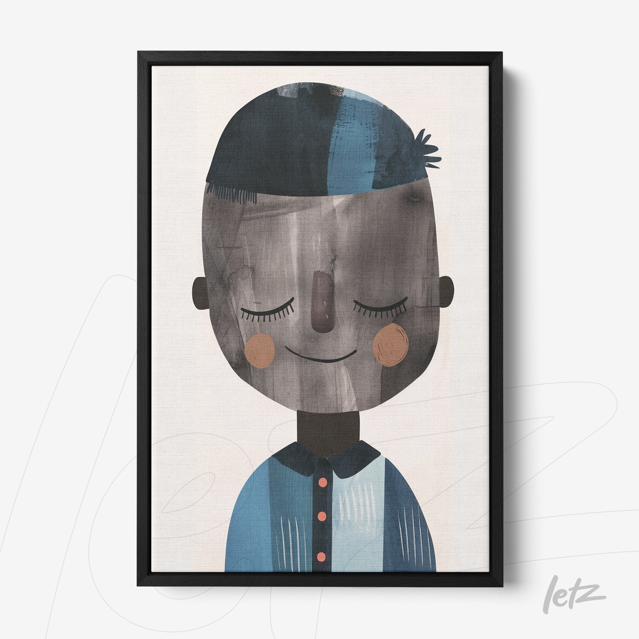 quadro em moldura preta com ilustração de figura masculina sorridente usando camisa azul e detalhes em marrom