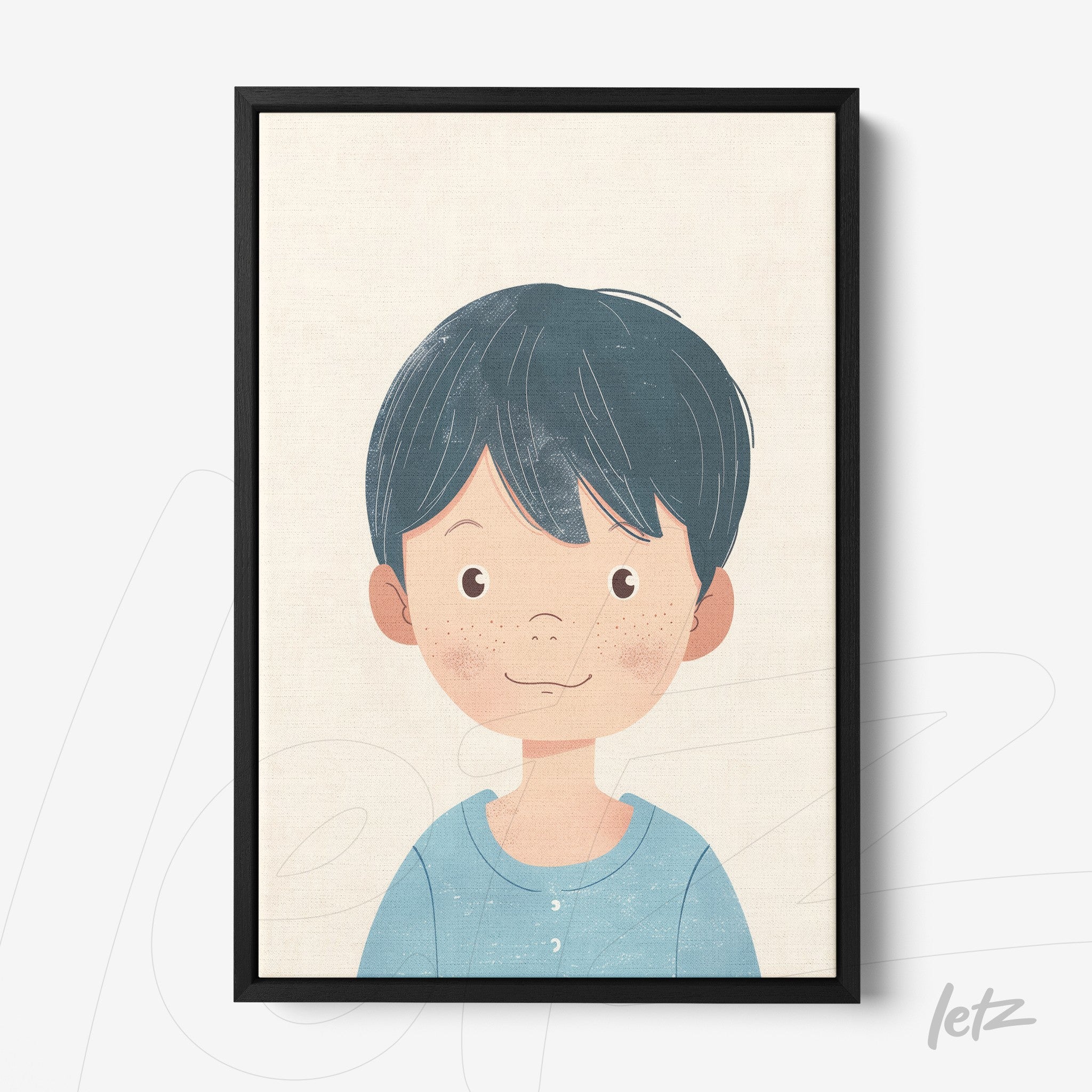 quadro com ilustração de menino sorridente com cabelo preto em moldura preta