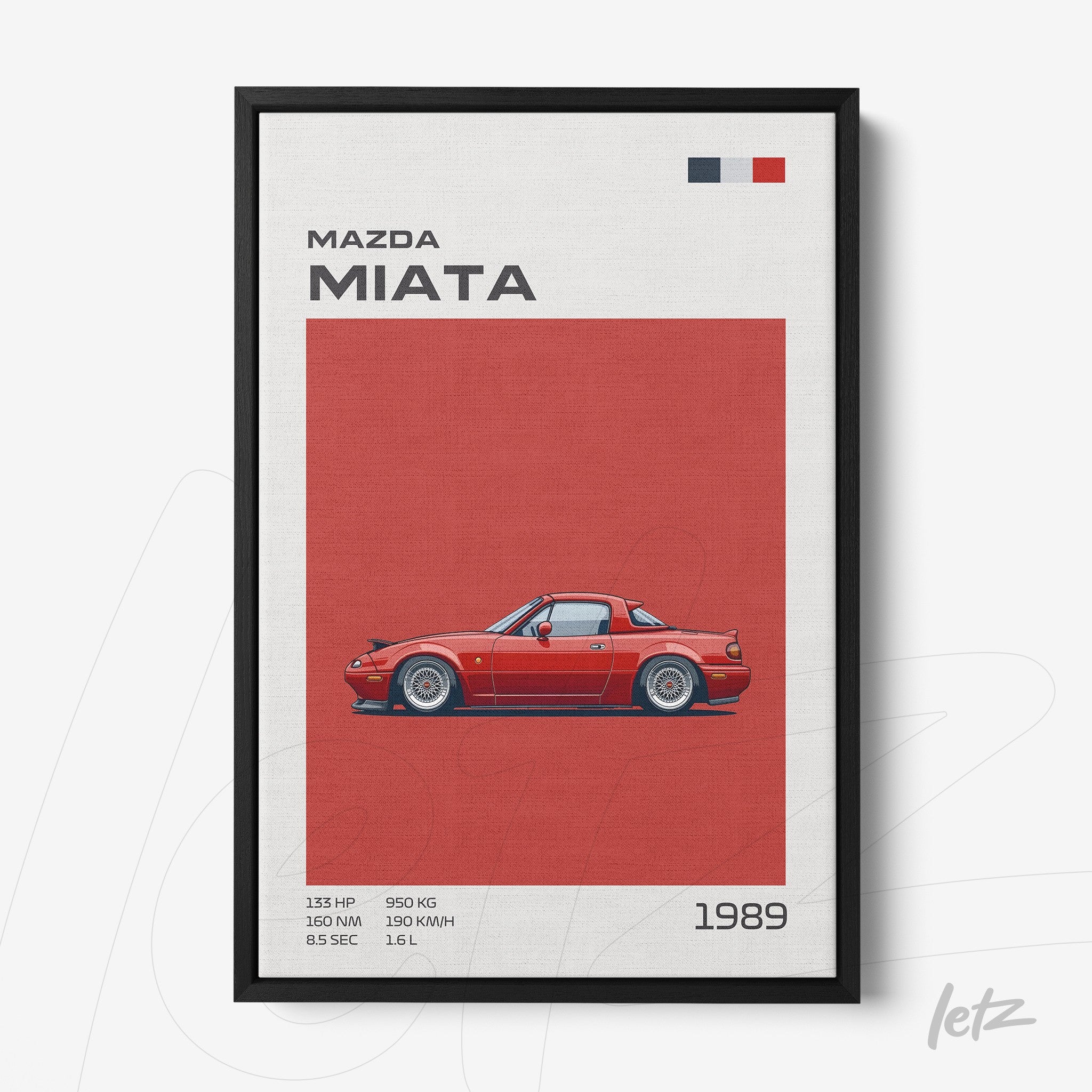 quadro com ilustração do carro Mazda Miata em estilo minimalista sobre fundo vermelho, moldura preta