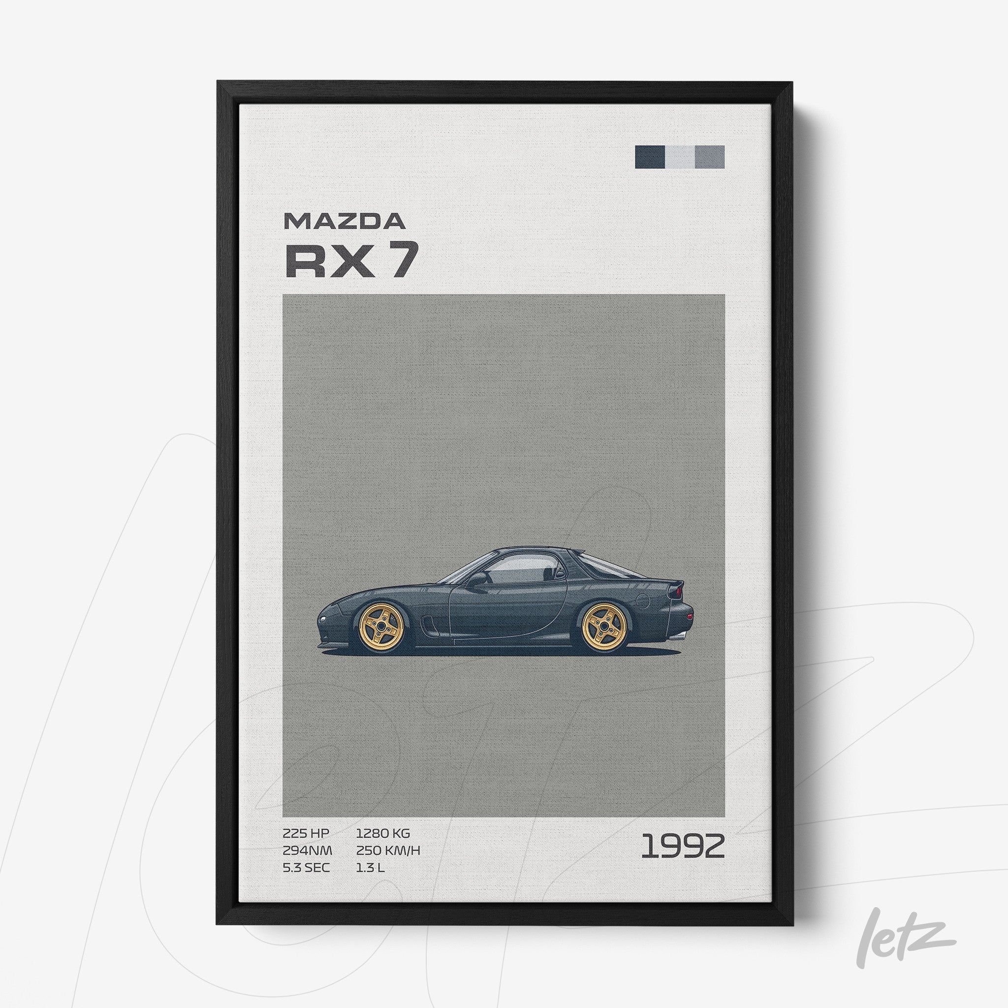 quadro com arte vetorial do carro Mazda RX 7 em fundo cinza, moldura preta