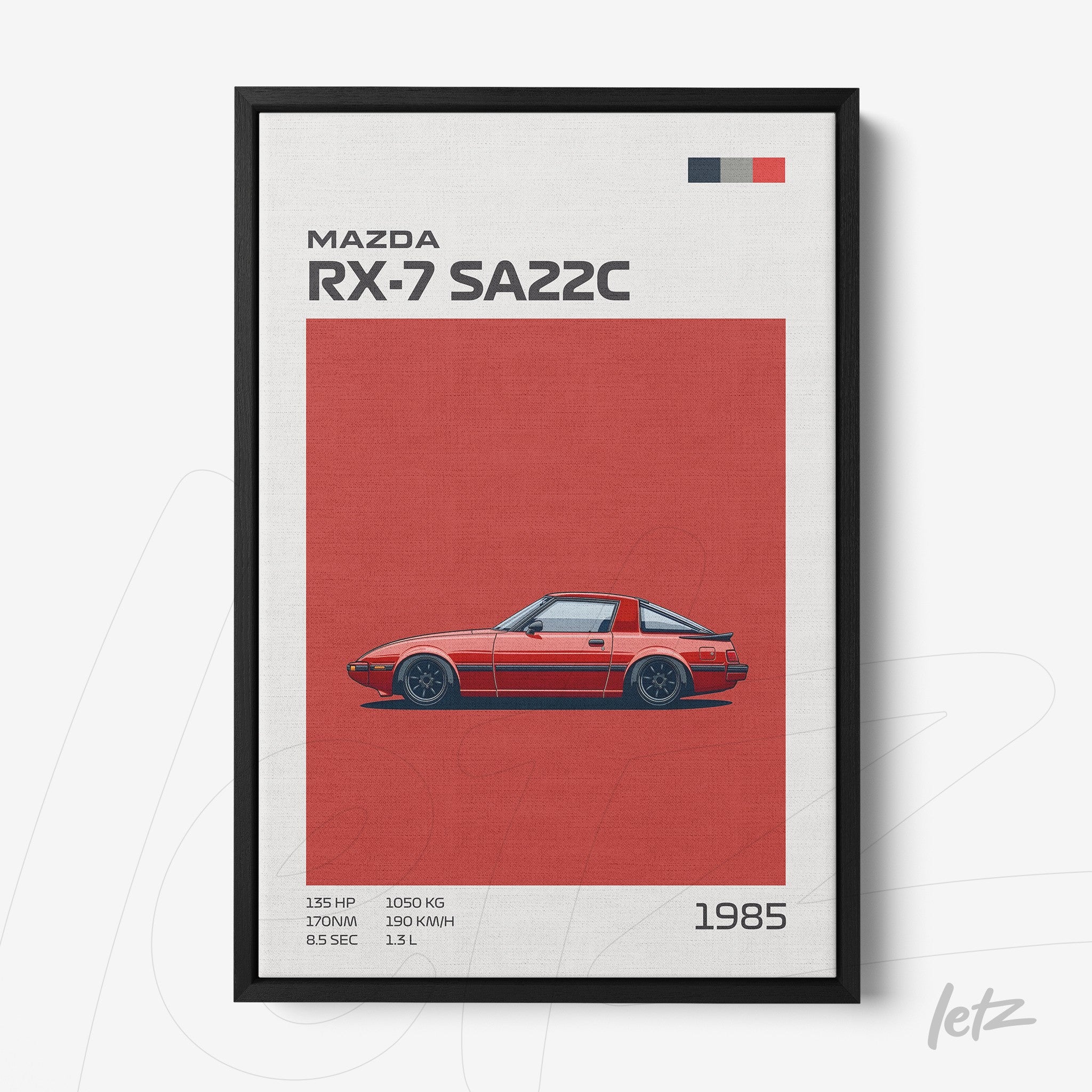 quadro com ilustração do carro Mazda RX-7 SA22C emoldurado em preto, fundo vermelho com detalhes gráficos
