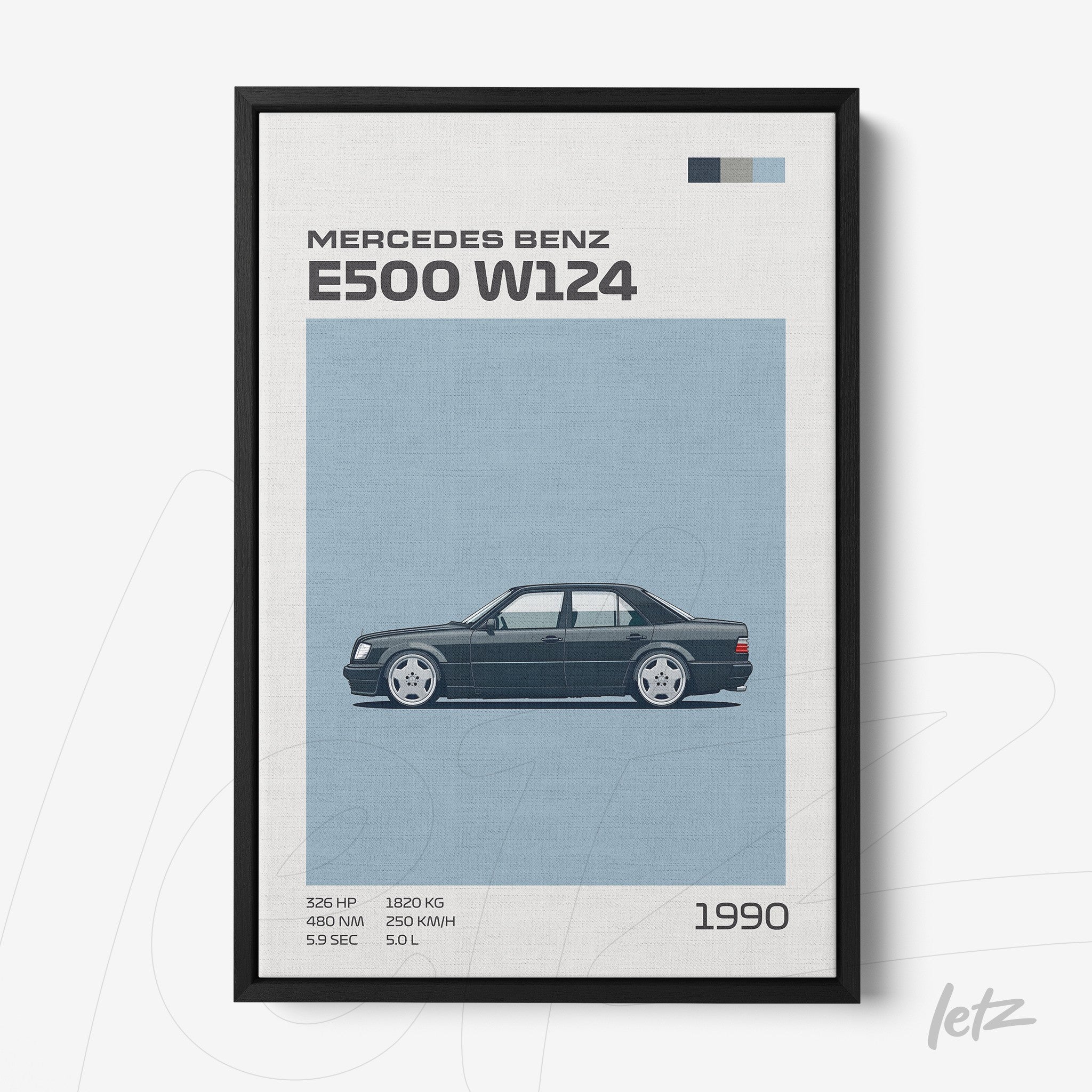 quadro com ilustração estilizada do Mercedes Benz E500 W124 em moldura preta