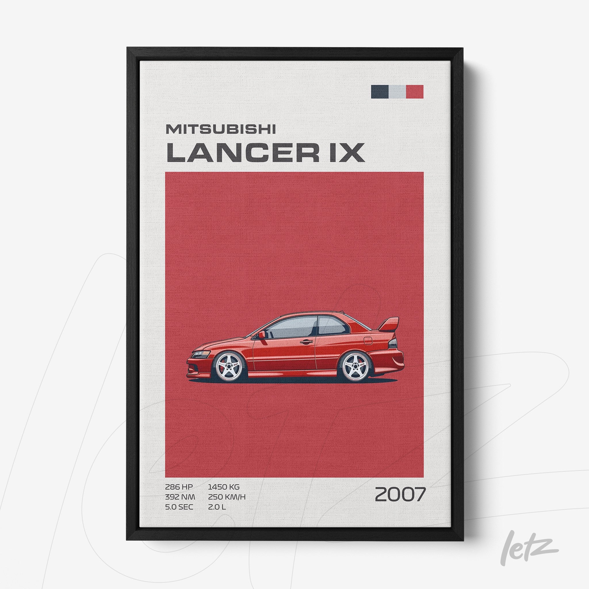 quadro com arte digital do Mitsubishi Lancer IX em moldura preta com fundo vermelho
