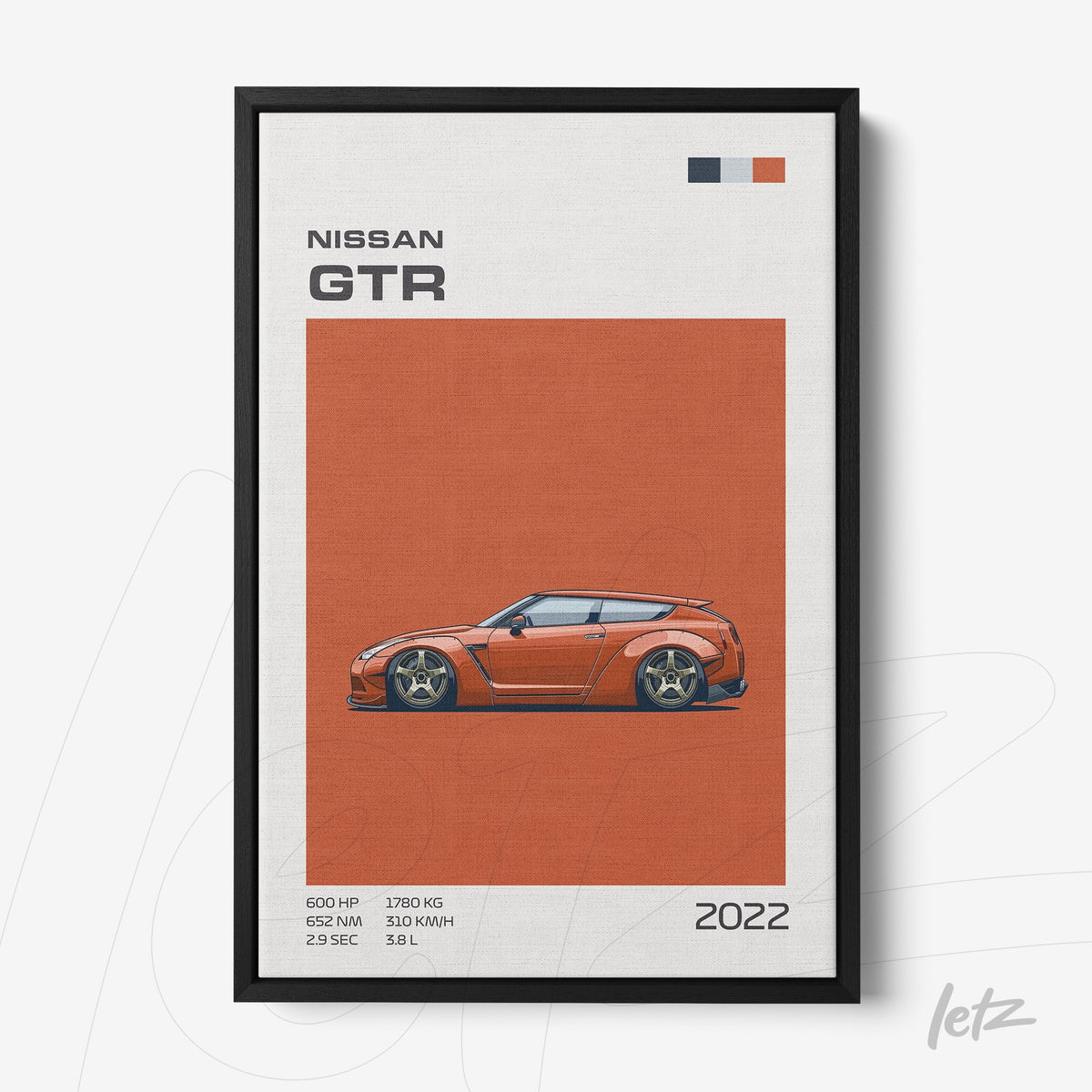 quadro com arte digital do carro Nissan GTR em moldura preta, em fundo laranja