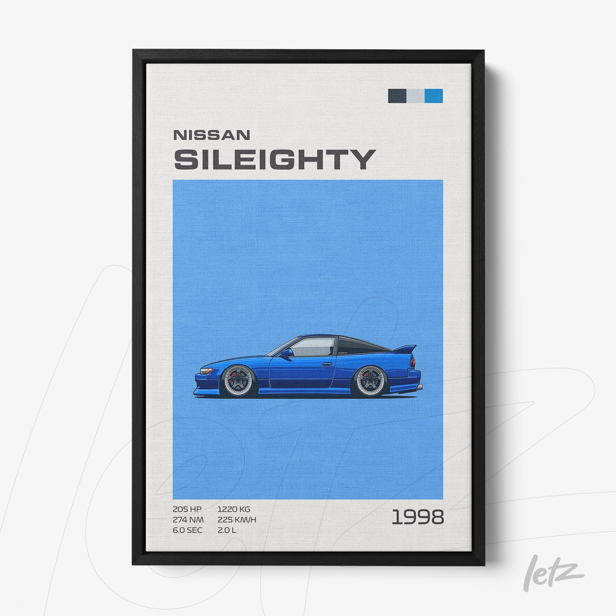 quadro com ilustração de um carro Nissan Sil80 em fundo azul vibrante e moldura preta