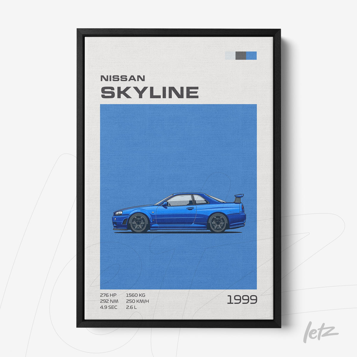 quadro com arte digital do carro Nissan Skyline 1999 em fundo claro e moldura preta