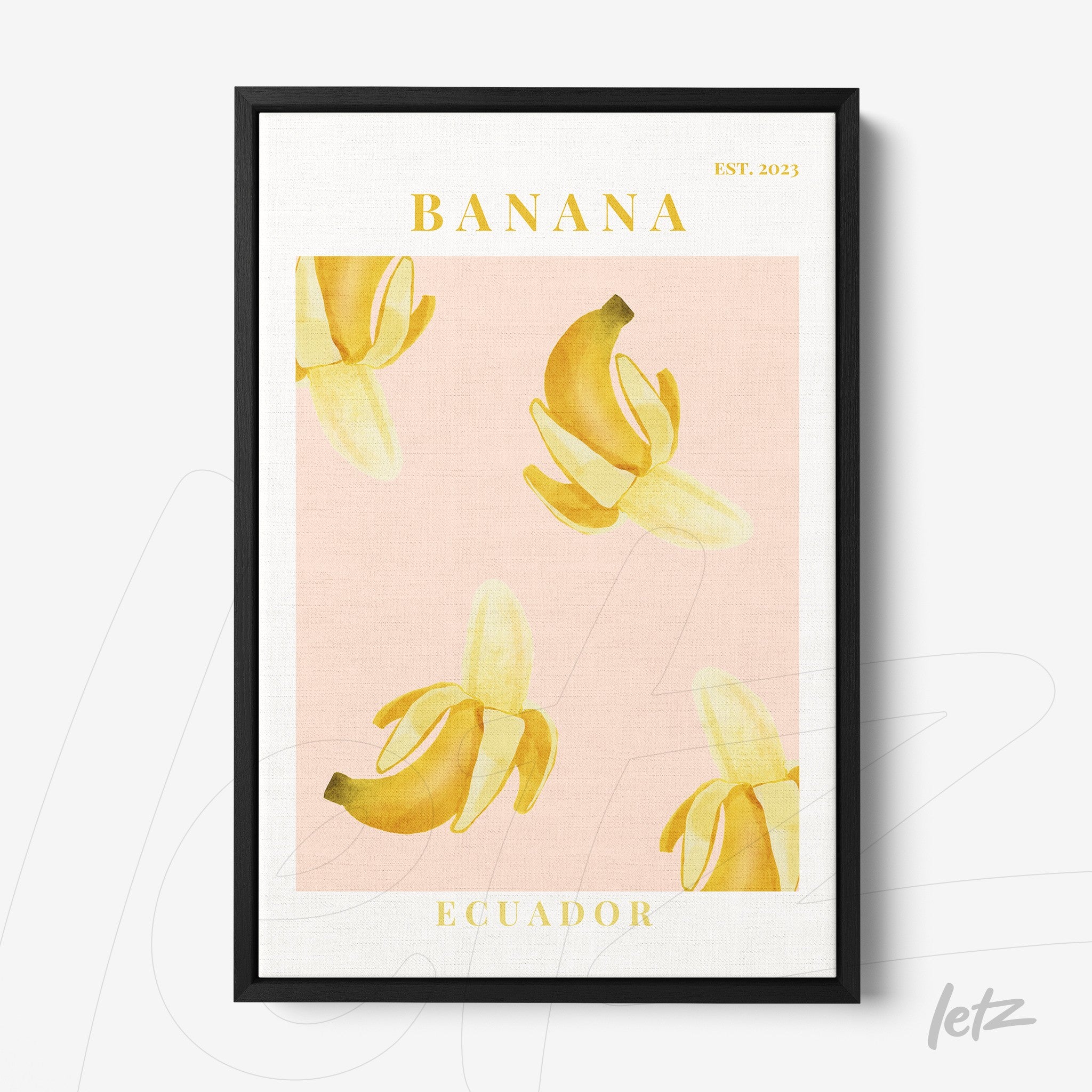 quadro com arte de bananas em fundo rosa claro, moldura preta