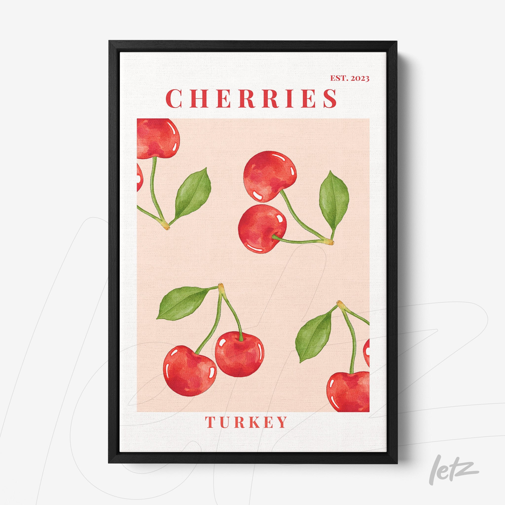 quadro decorativo com ilustração de cerejas vermelhas em fundo rosa, moldura preta e texto 'Cherries Turkey EST. 2023'