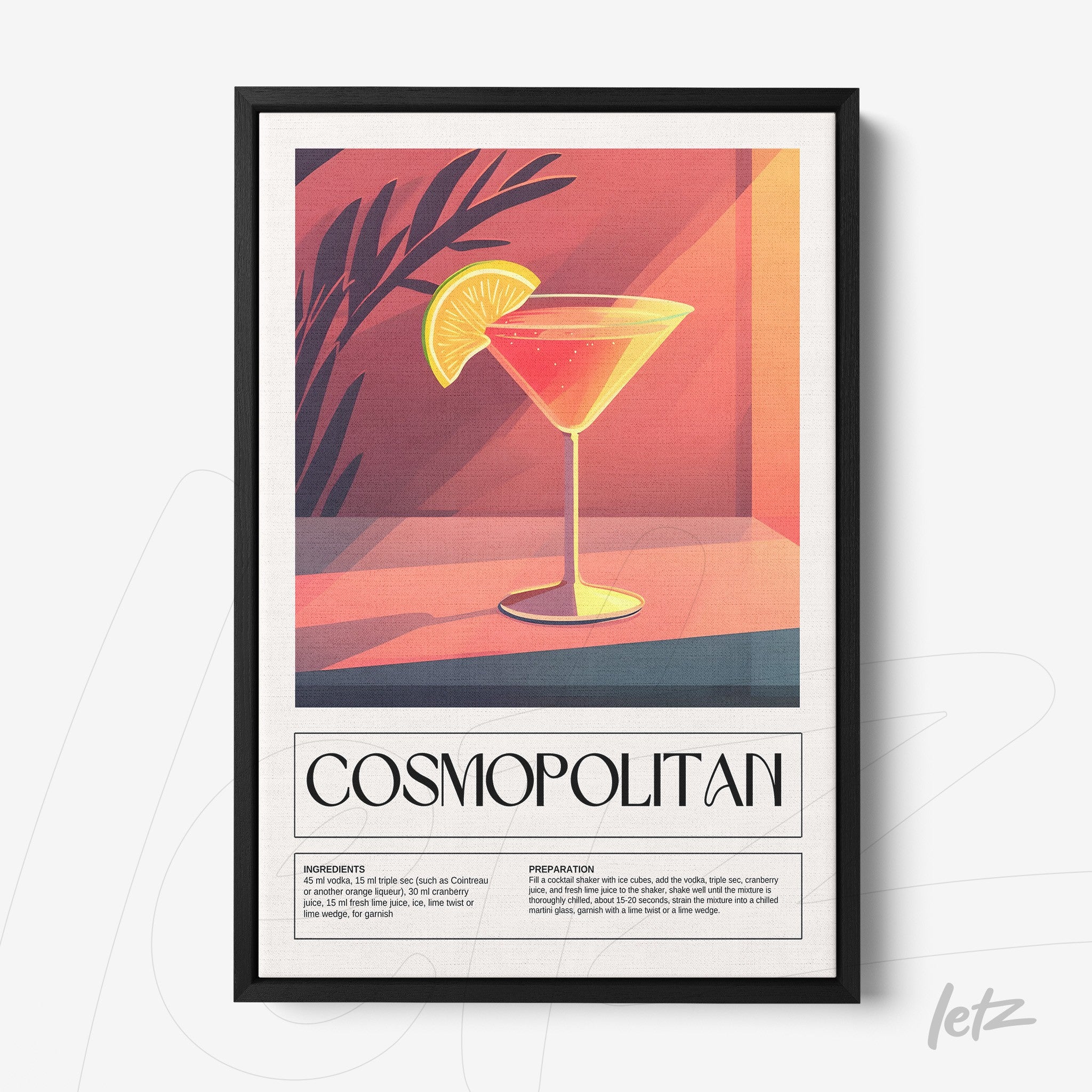 quadro com arte gráfica de drink cosmopolitan em moldura preta com fundo laranja e detalhes de planta
