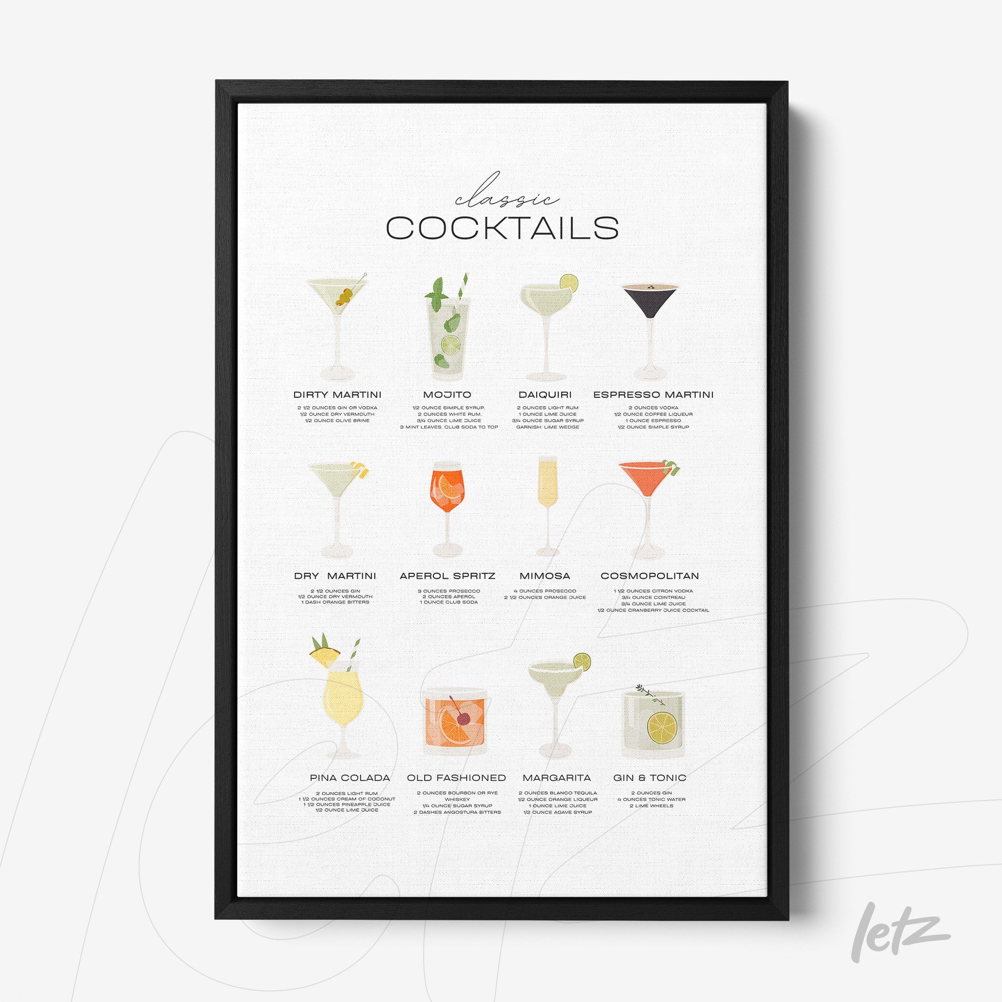 quadro com ilustrações de drinks clássicos em moldura preta fina e fundo claro