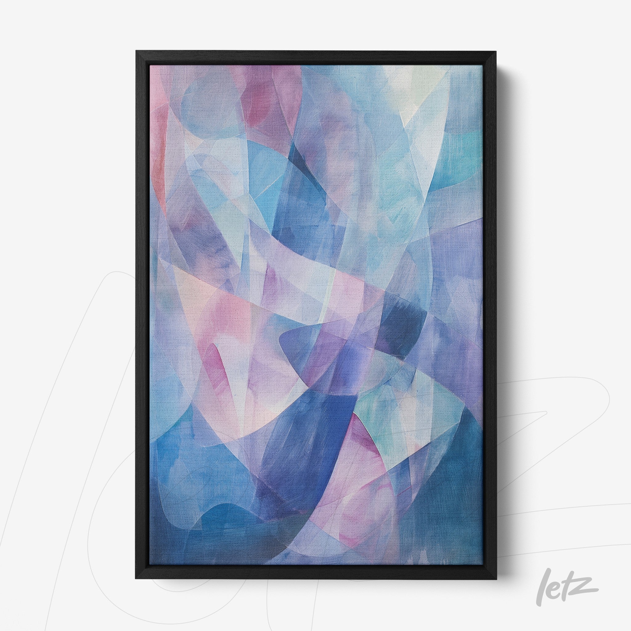 quadro com arte abstrata em tons de azul e rosa, moldura preta