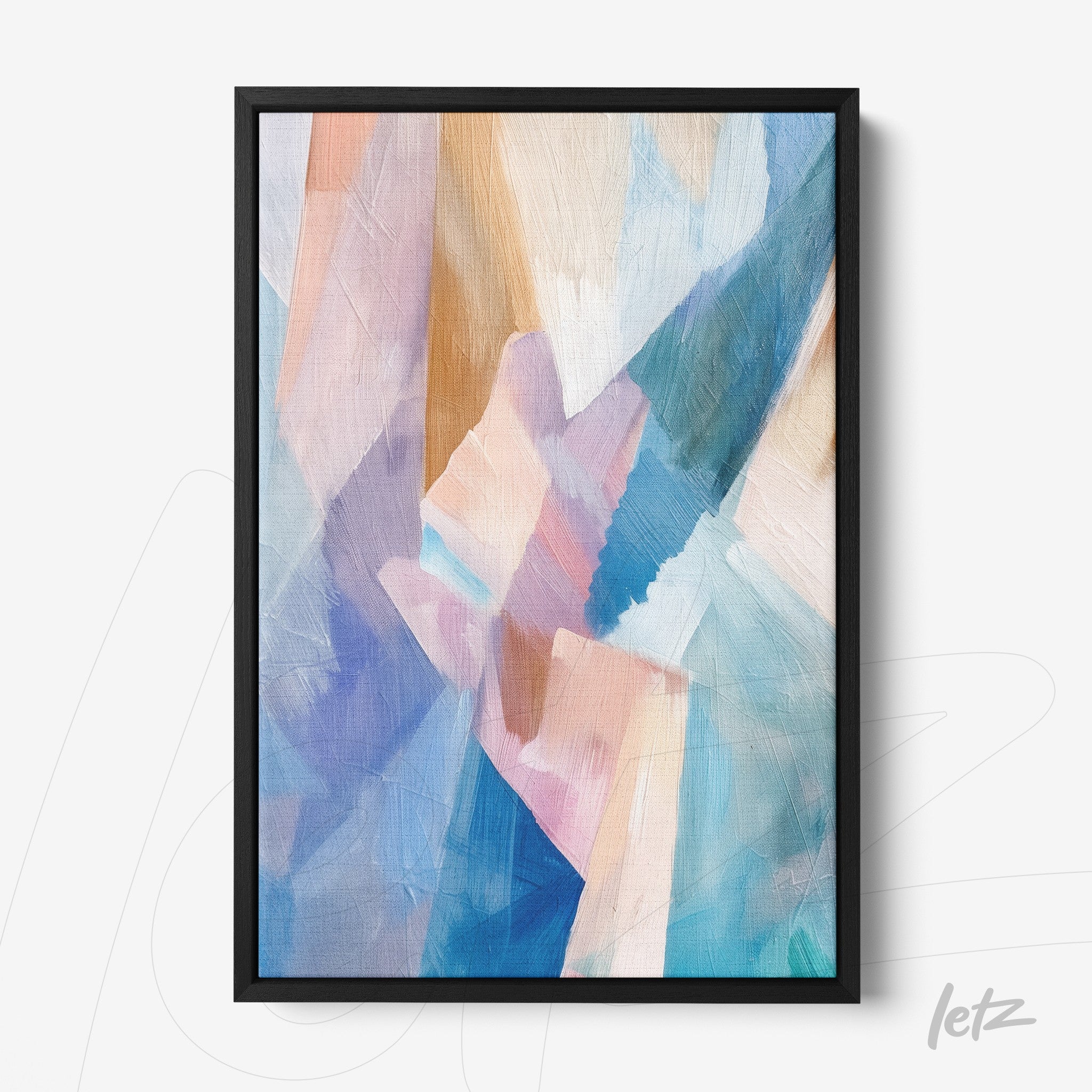 quadro com pintura abstrata em tons de azul, rosa e bege, moldura preta fina