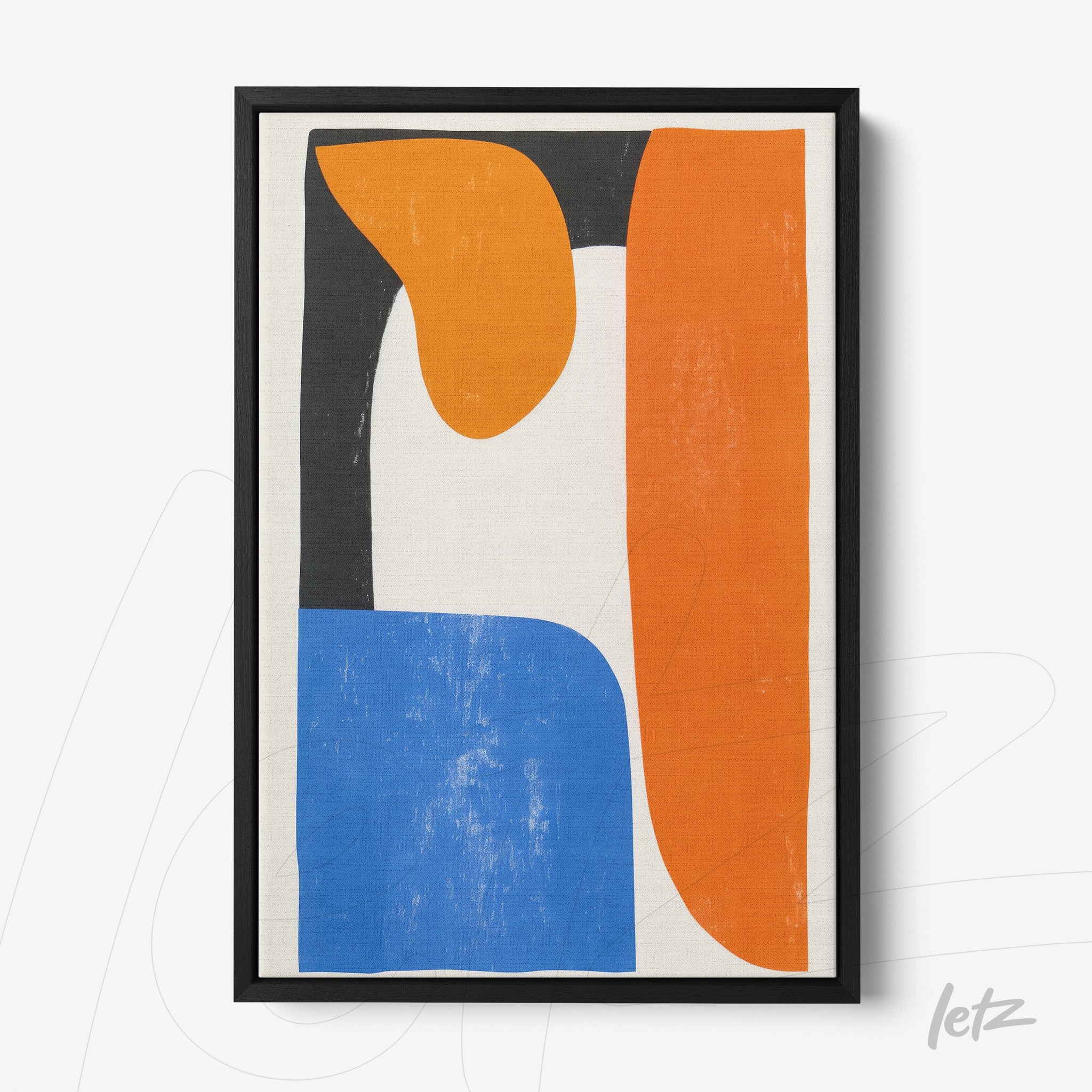 quadro em tela com design abstrato em formas geométricas nas cores laranja, azul e preto, emoldurado por uma moldura preta
