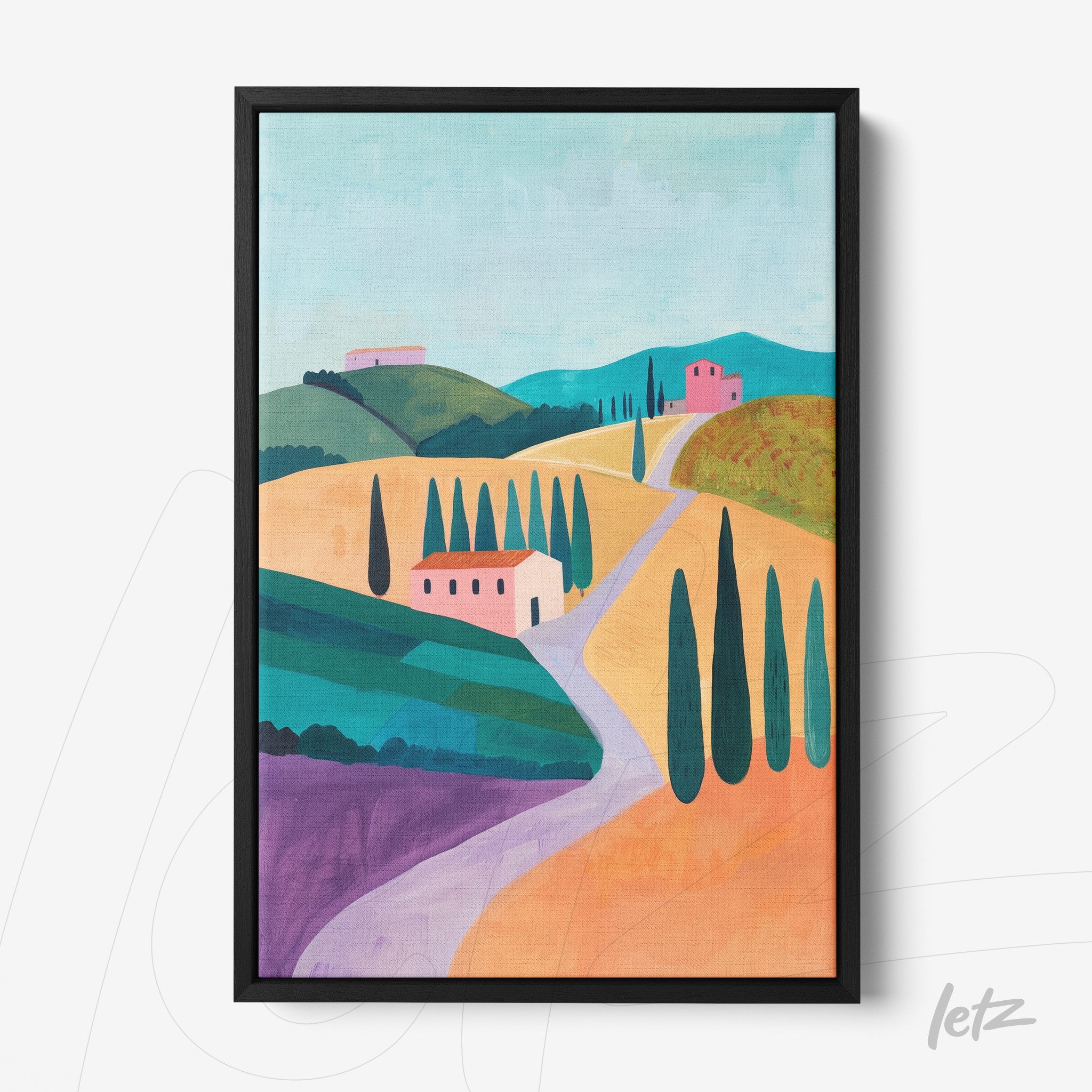 quadro com paisagem rural colorida, colinas verdes e construções em rosa, moldura preta