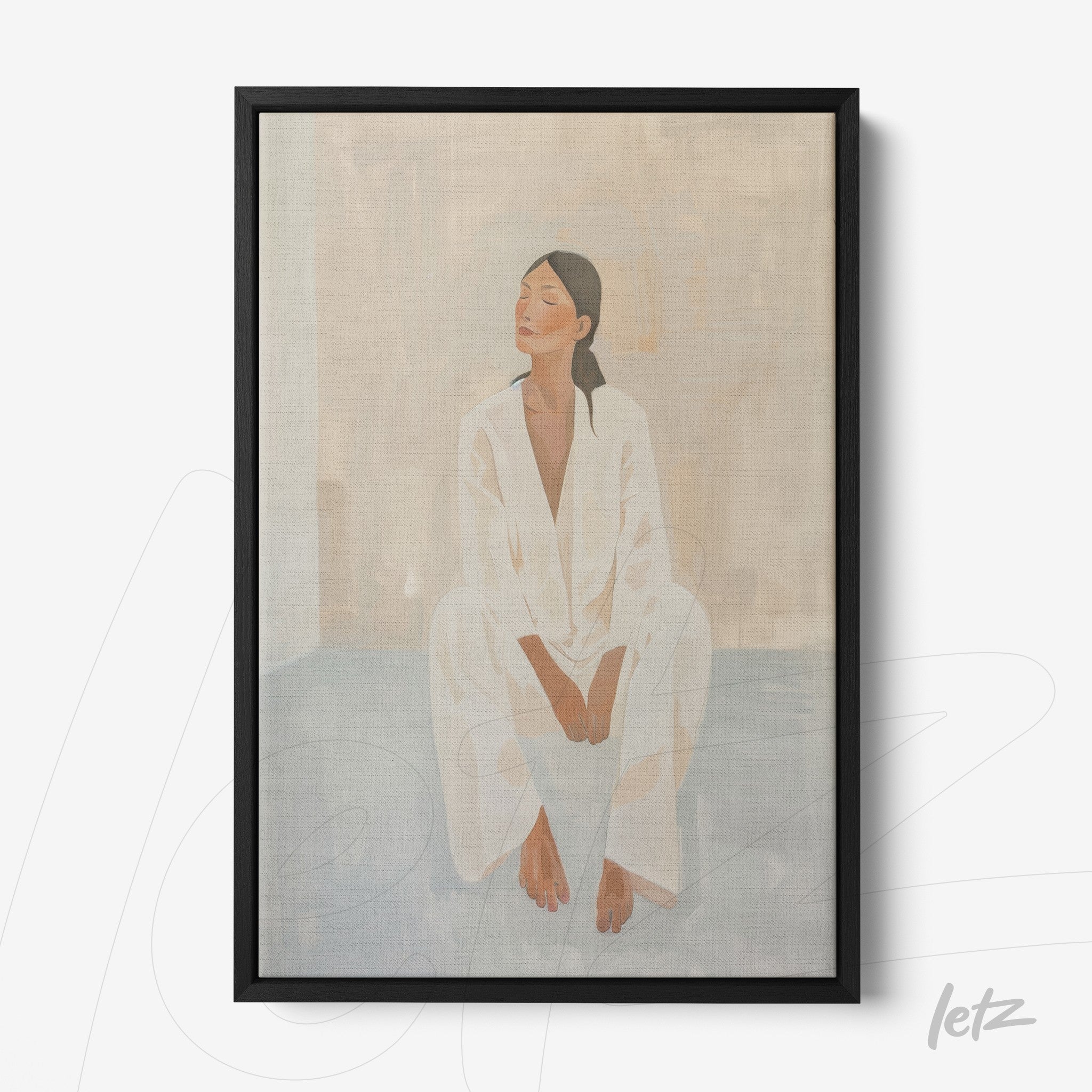 quadro com arte minimalista de mulher sentada em fundo neutro, moldura preta fina
