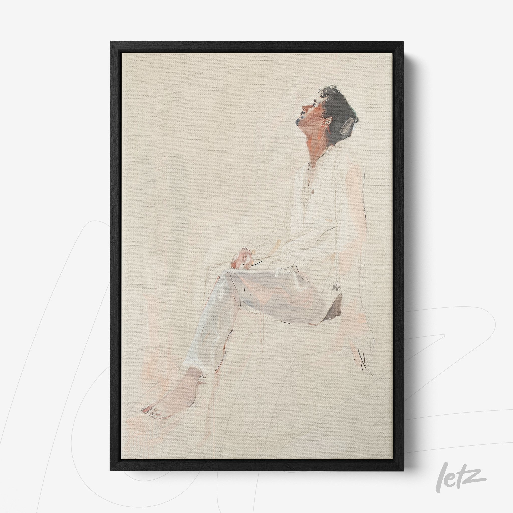 quadro com arte minimalista de figura humana sentada em tons suaves, moldura preta