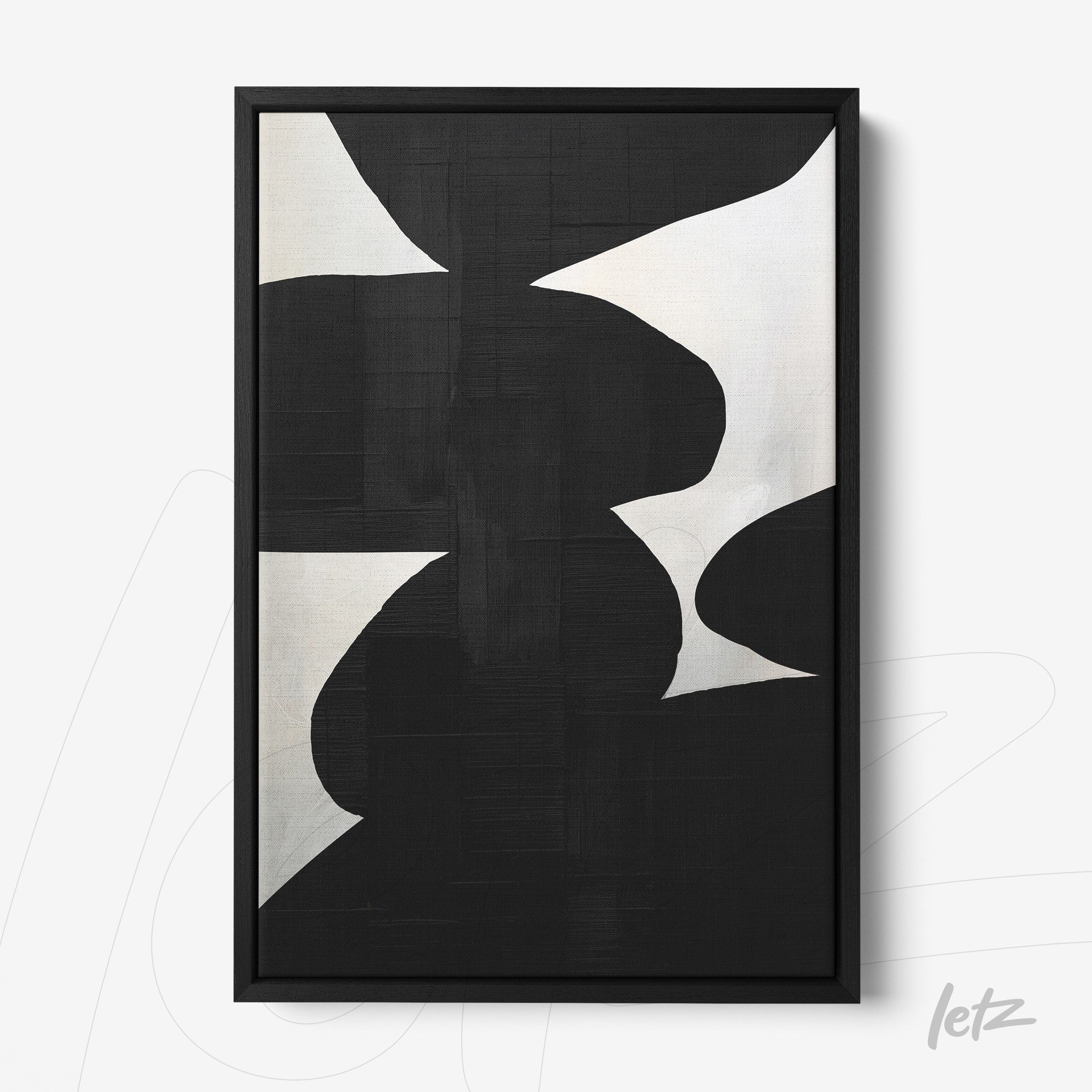 quadro moderno com formas abstratas em preto e branco, moldura preta fina