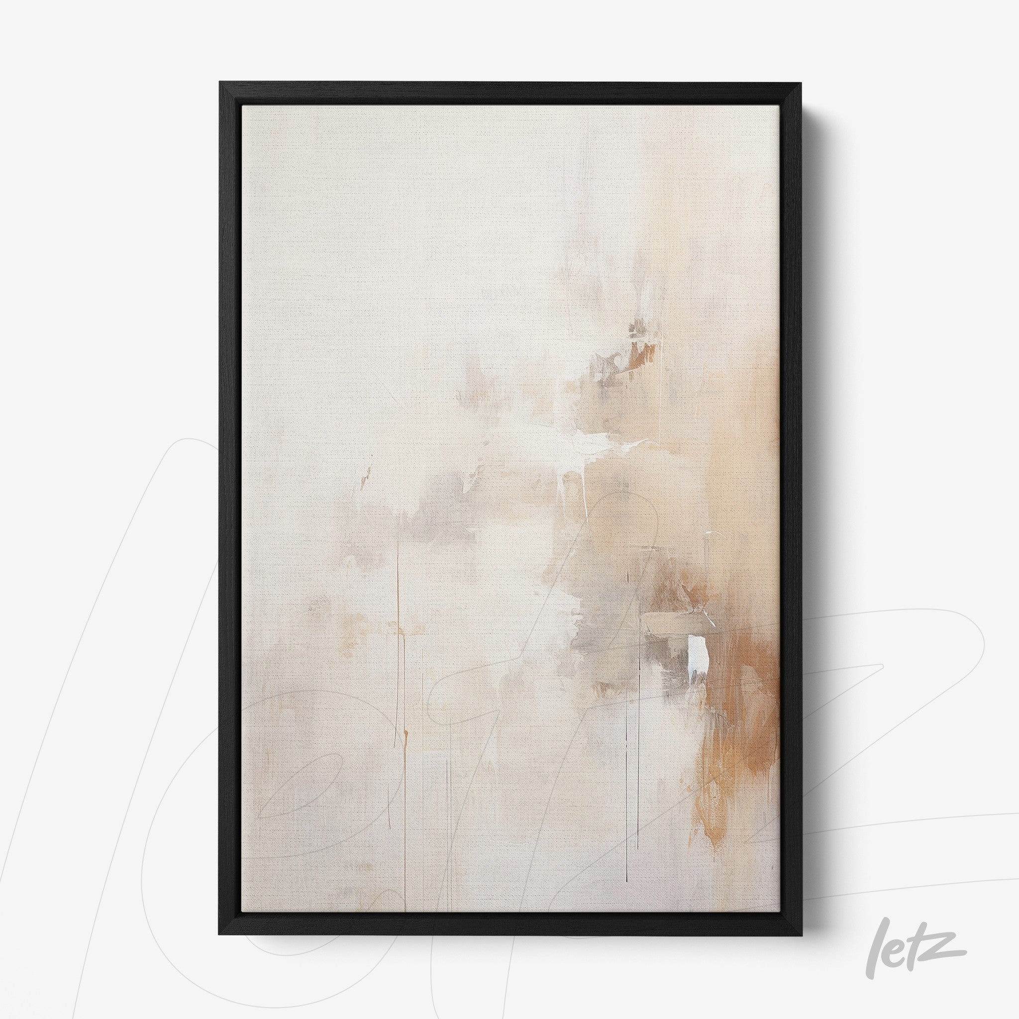 quadro abstrato em moldura preta com tons neutros e textura suave