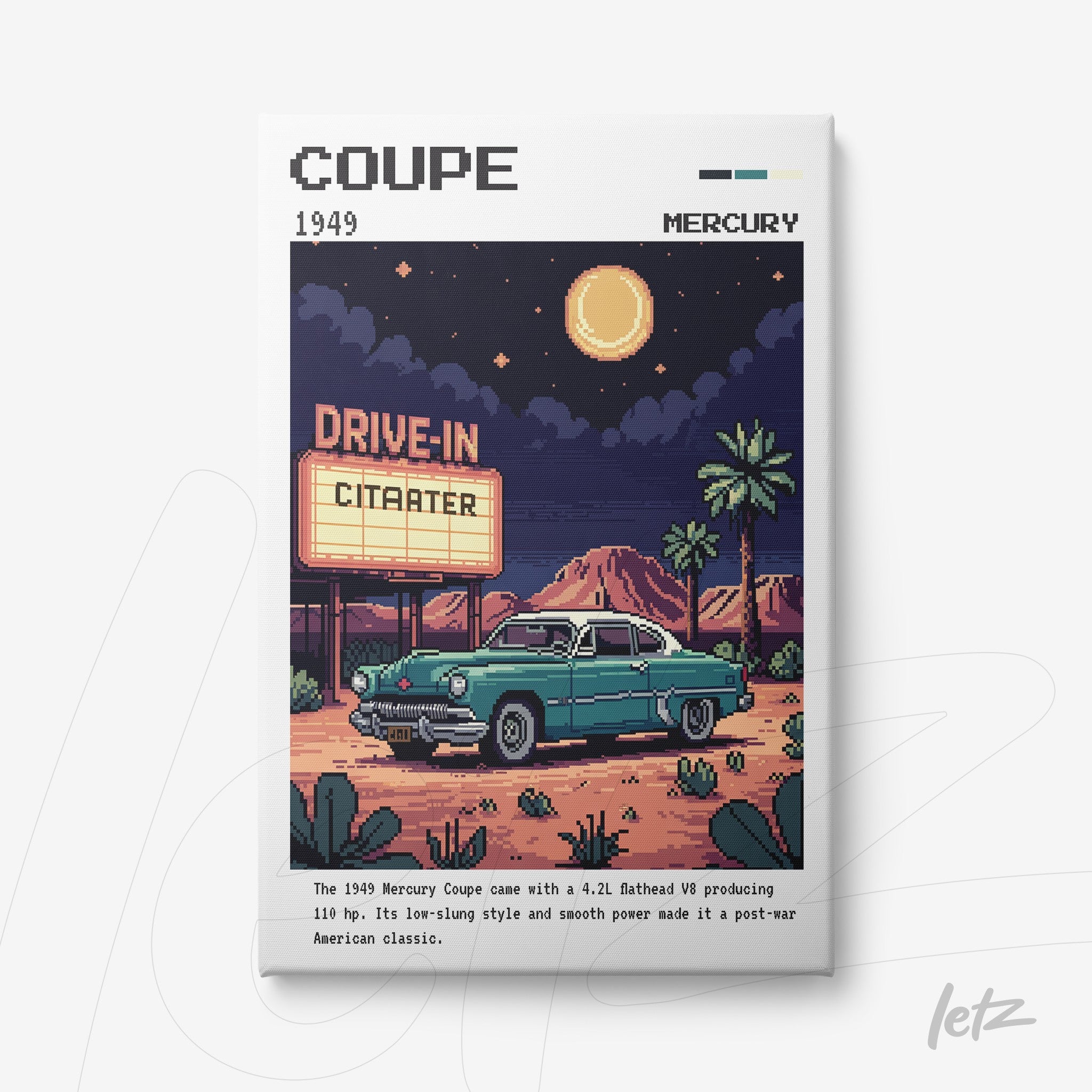arte digital retrô de um coupé Mercury 1949 em fundo do deserto noturno com lua cheia e painel de Drive-In