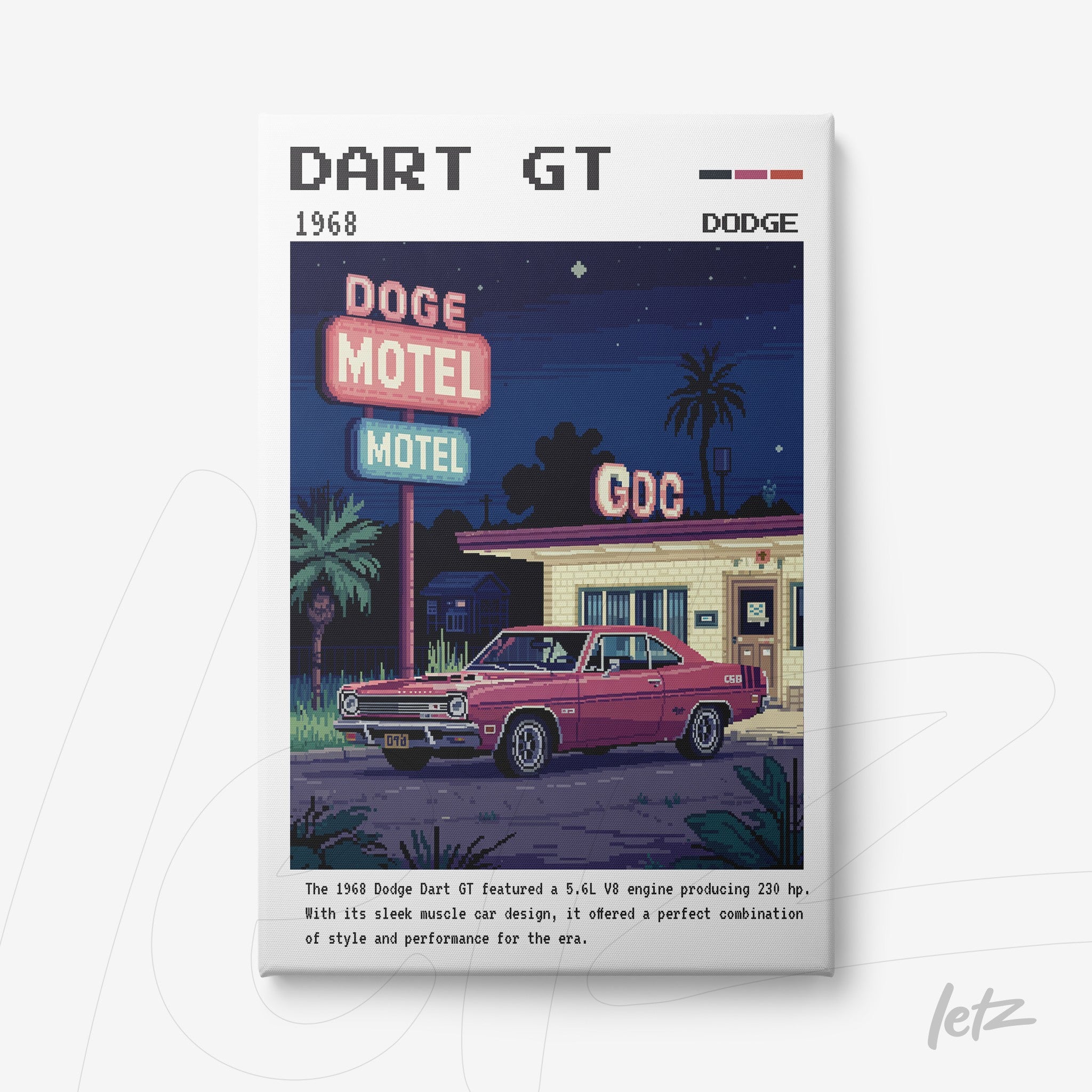 ilustração em estilo pixel art de um Dodge Dart GT 1968 estacionado em frente a um motel, com letreiros luminosos em fundo noturno