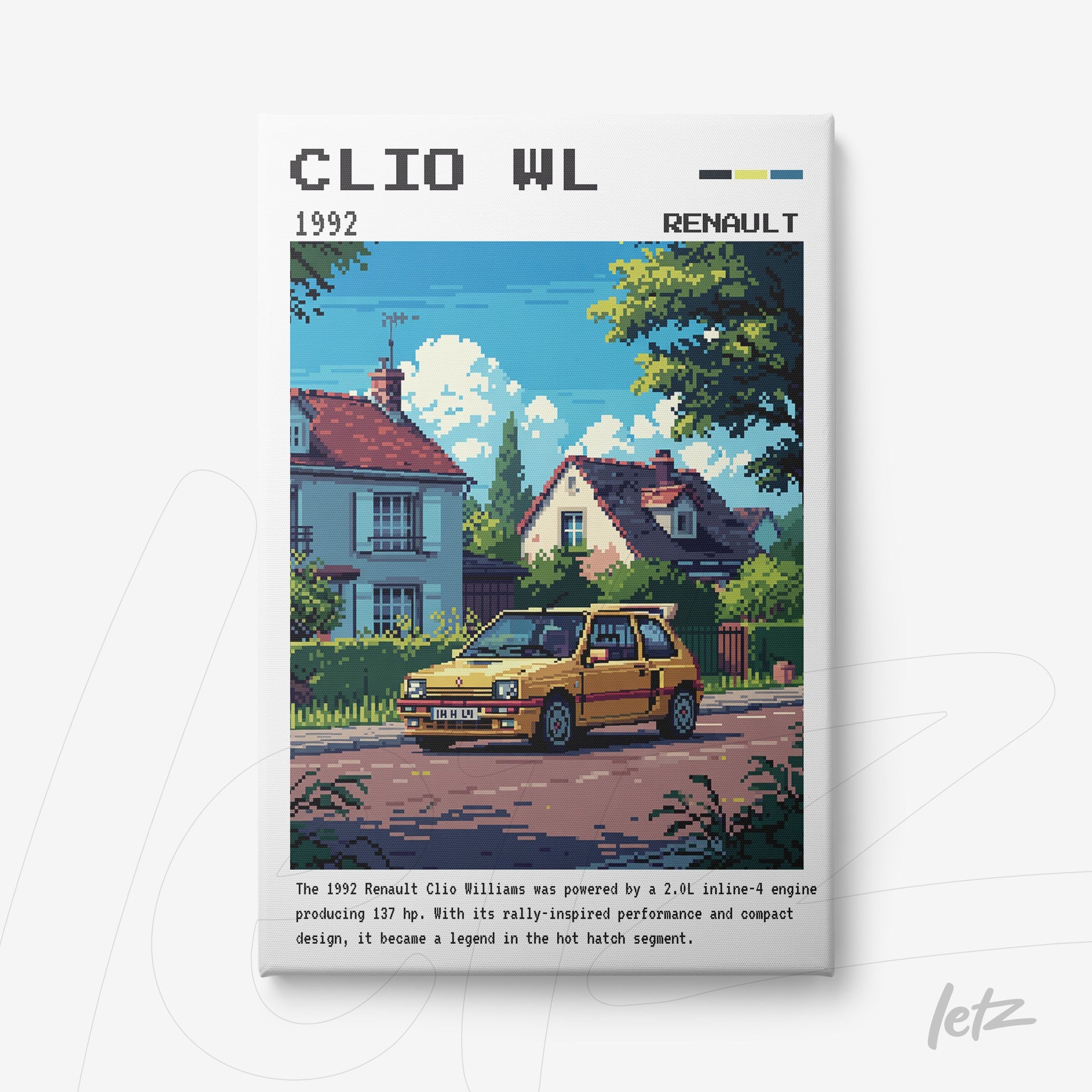 quadro em estilo pixel art retratando um Renault Clio Williams amarelo em frente a casas em uma rua tranquila