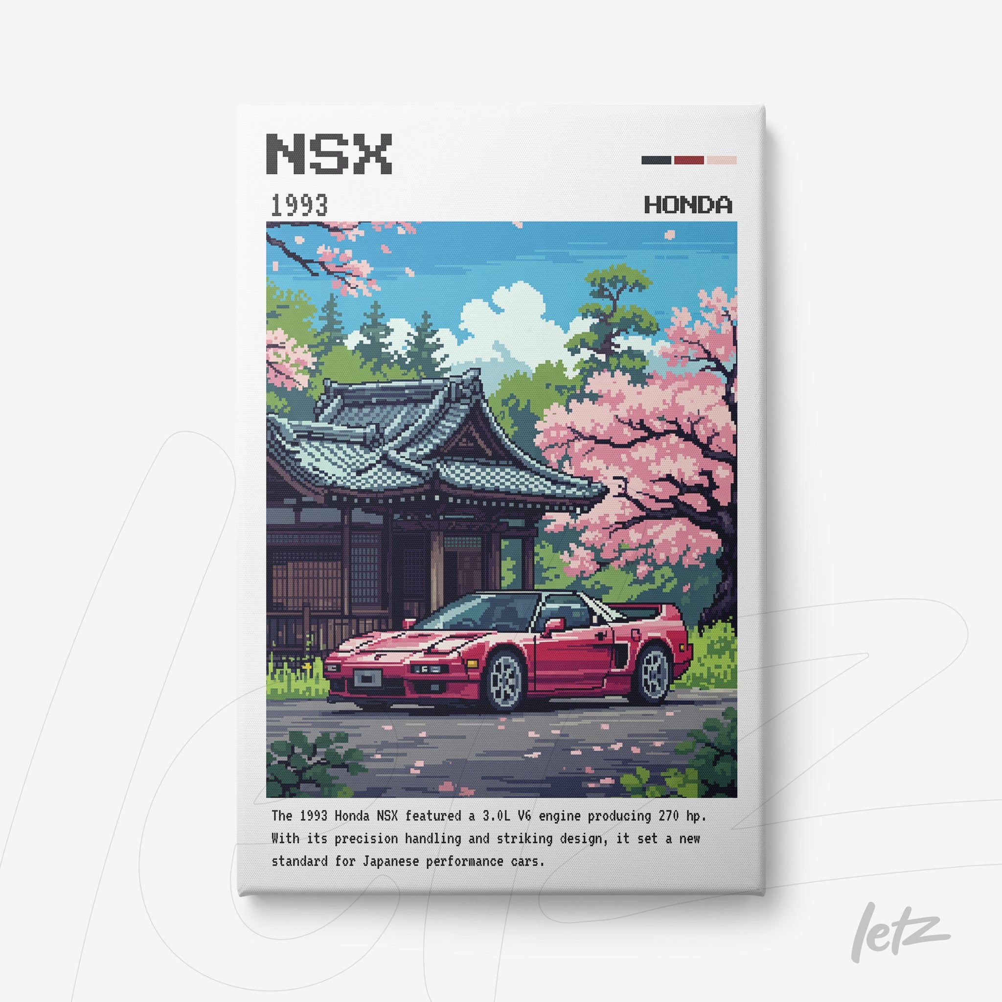 quadro em canvas com ilustração pixelada de um Honda NSX vermelho em frente a um templo japonês rodeado por flores de cerejeira