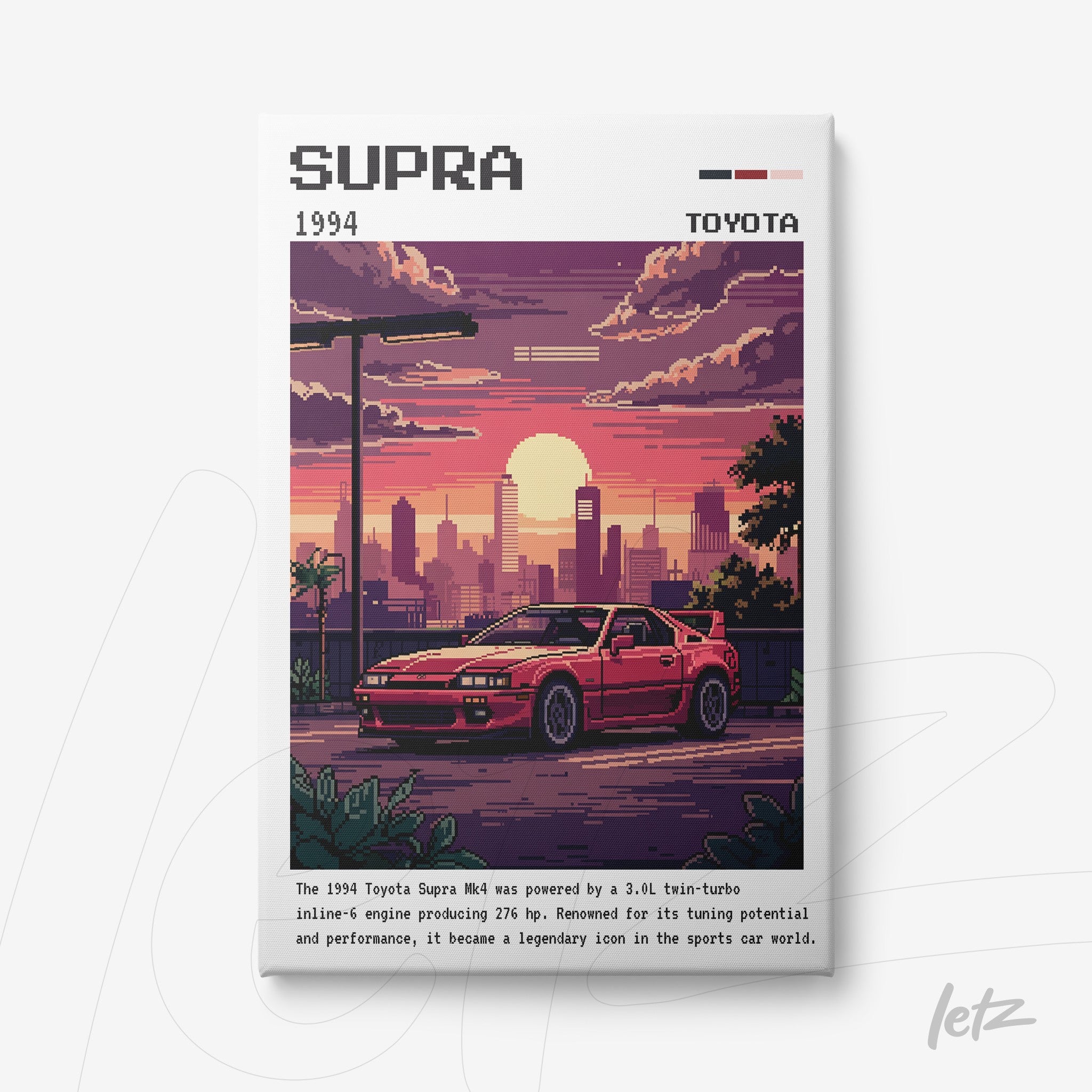 quadro com arte digital no estilo pixel art de um carro Toyota Supra 1994 em um pôr do sol urbano