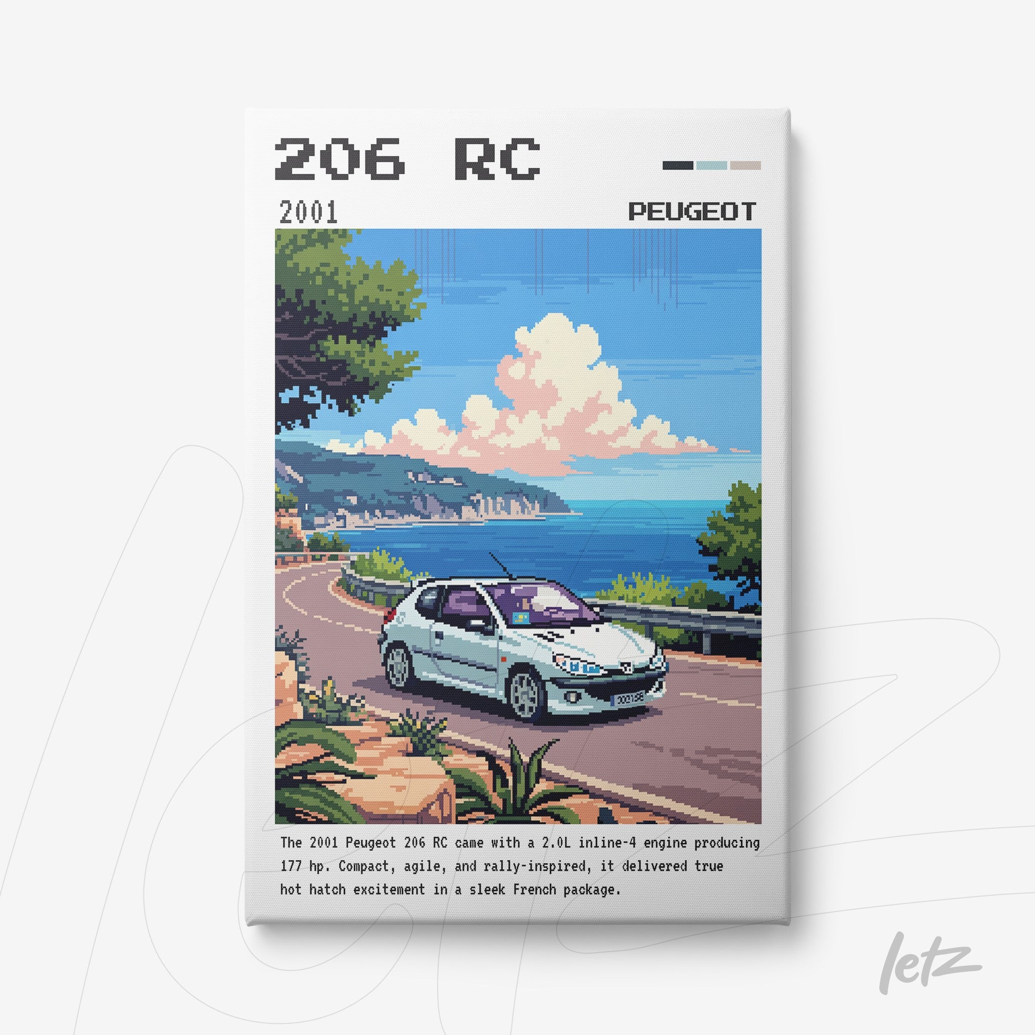 quadro com arte digital em pixel art de um Peugeot 206 RC em uma estrada costeira com vista para o mar