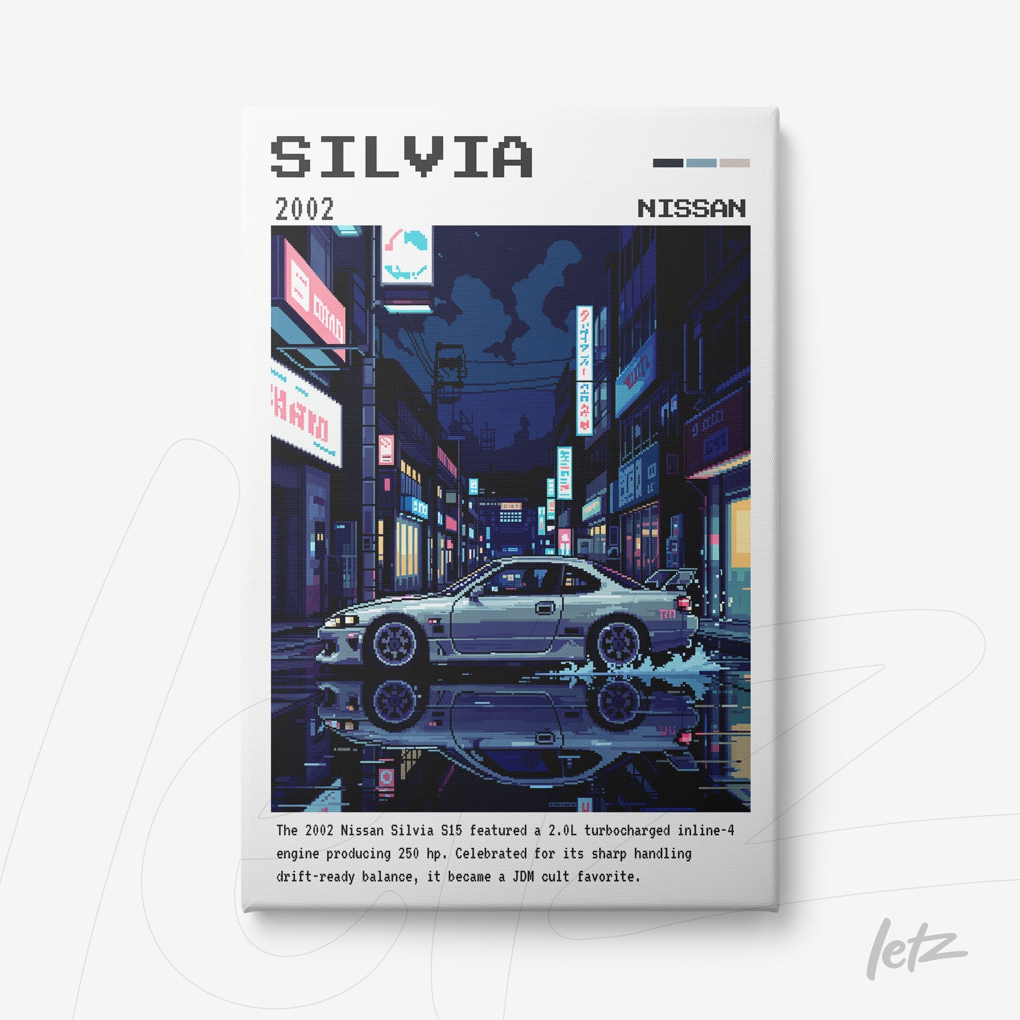 quadro em estilo pixel art de um Nissan Silvia 2002 em um cenário urbano noturno com lojas iluminadas e reflexos no asfalto