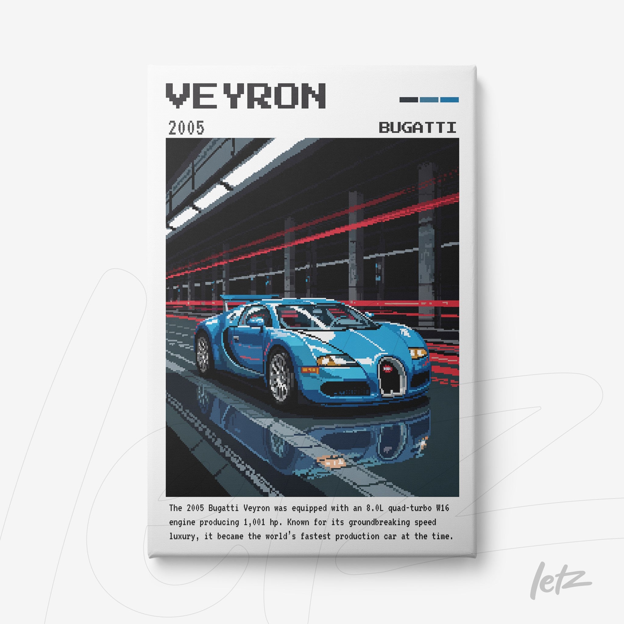 quadro em estilo pixel art do carro Bugatti Veyron azul em fundo escuro com linhas de movimento vermelho