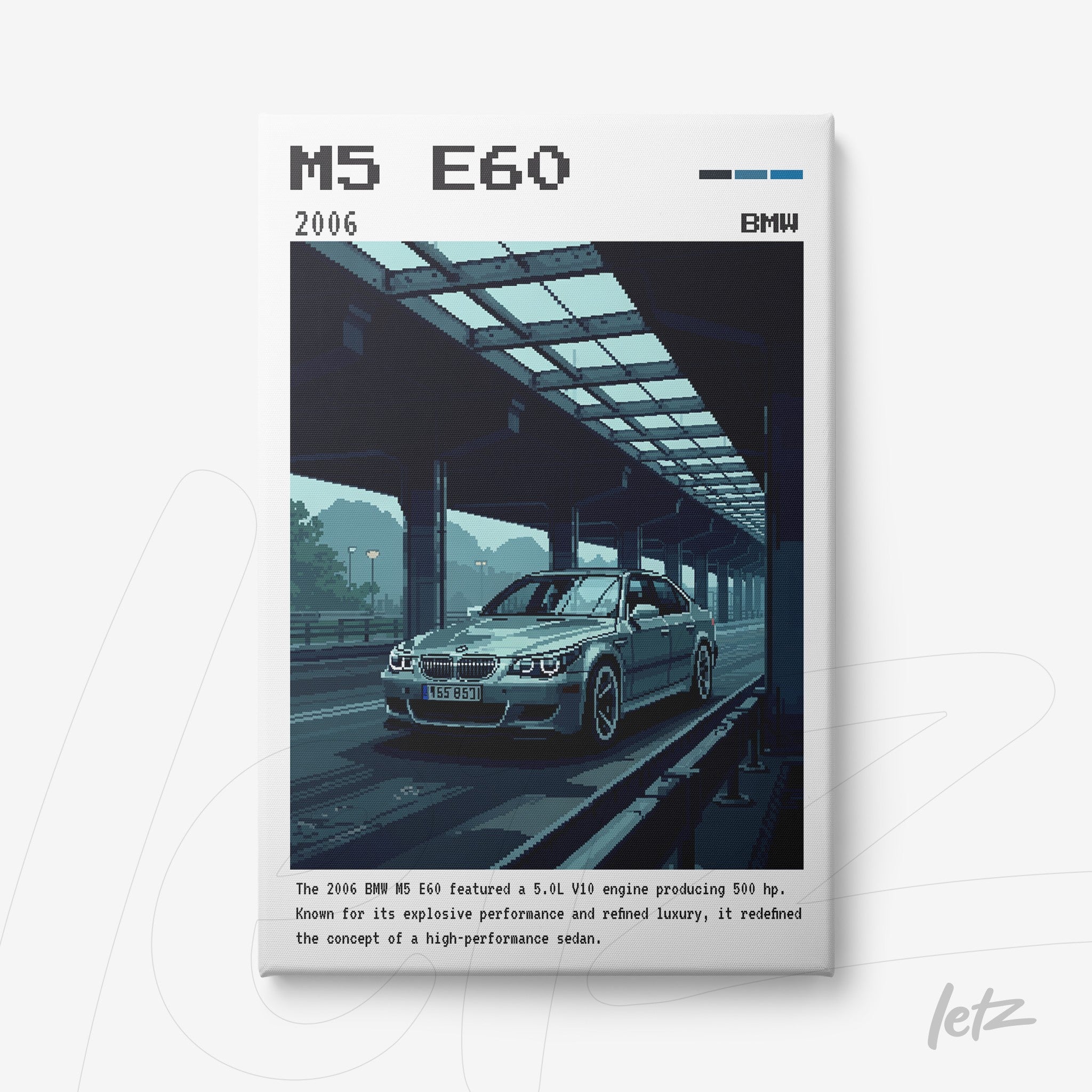 quadro em canvas com arte pixelada de um carro BMW M5 E60 2006 sobre fundo urbano em tons de azul