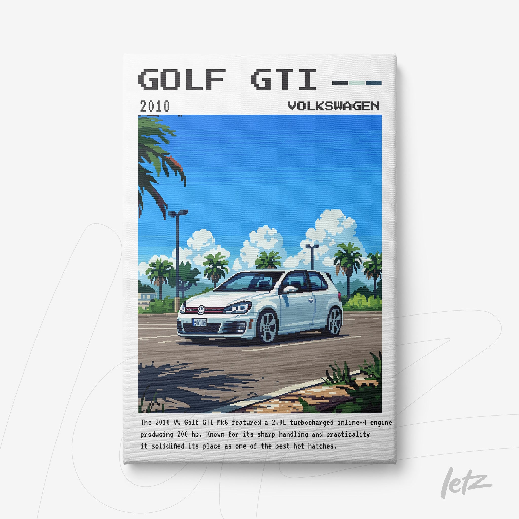 quadro com arte digital em estilo pixelado do Volkswagen Golf GTI 2010 com fundo de paisagem urbana