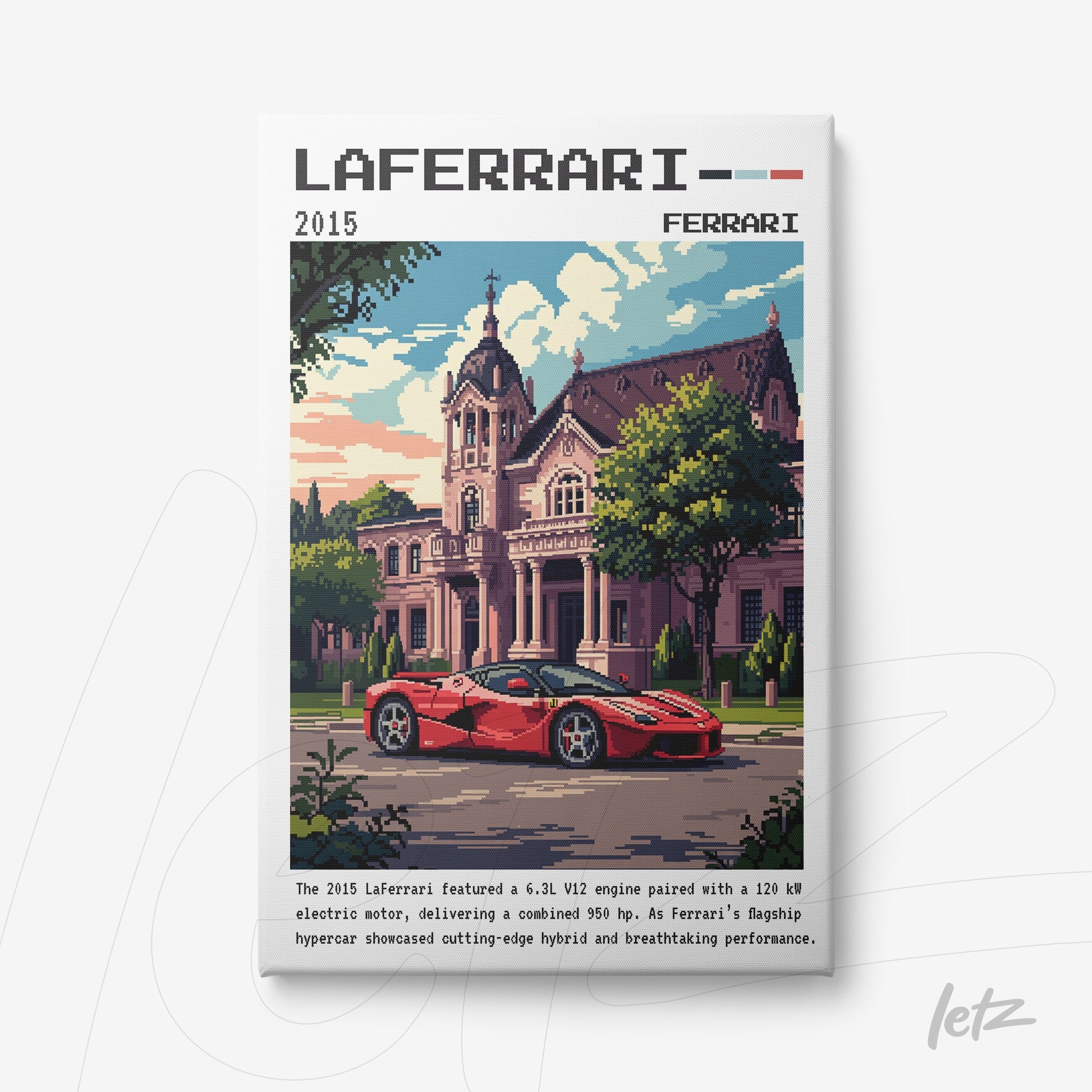 quadro com arte pixelada de um carro esportivo LaFerrari em frente a um edifício neoclássico