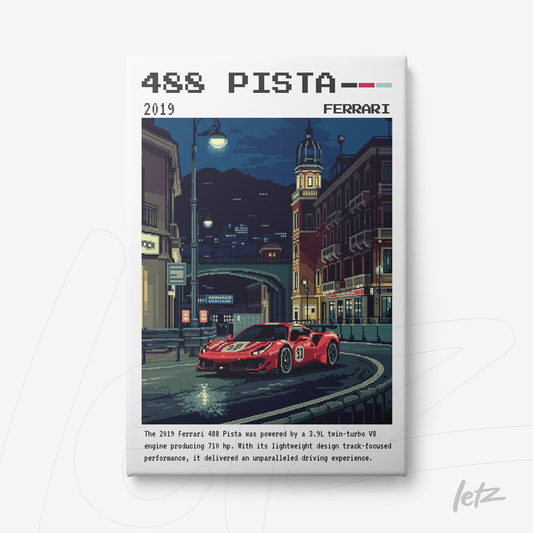 quadro com arte pixelada de um carro Ferrari 488 Pista vermelho em uma rua urbana à noite