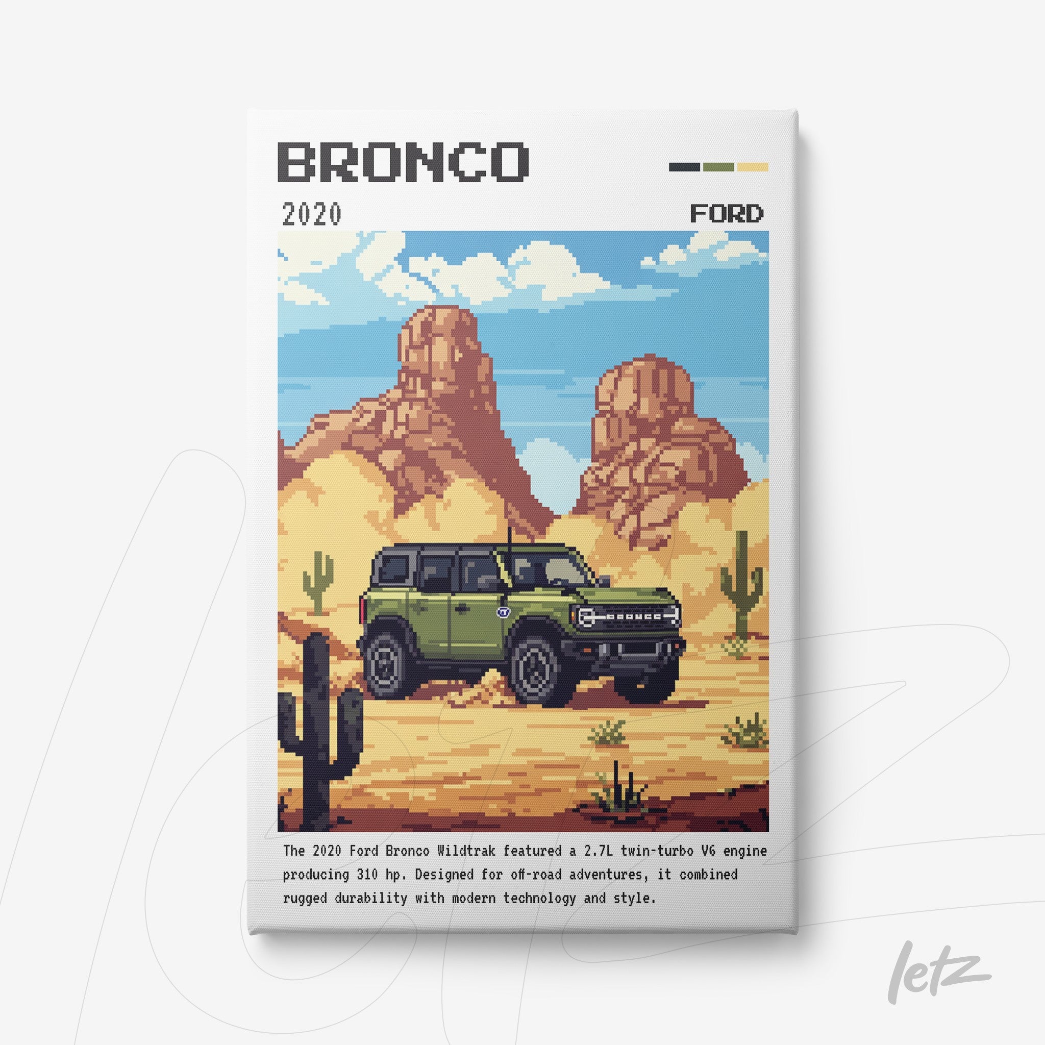 quadro com arte digital de um Ford Bronco em estilo pixel art com montanhas e cactos ao fundo