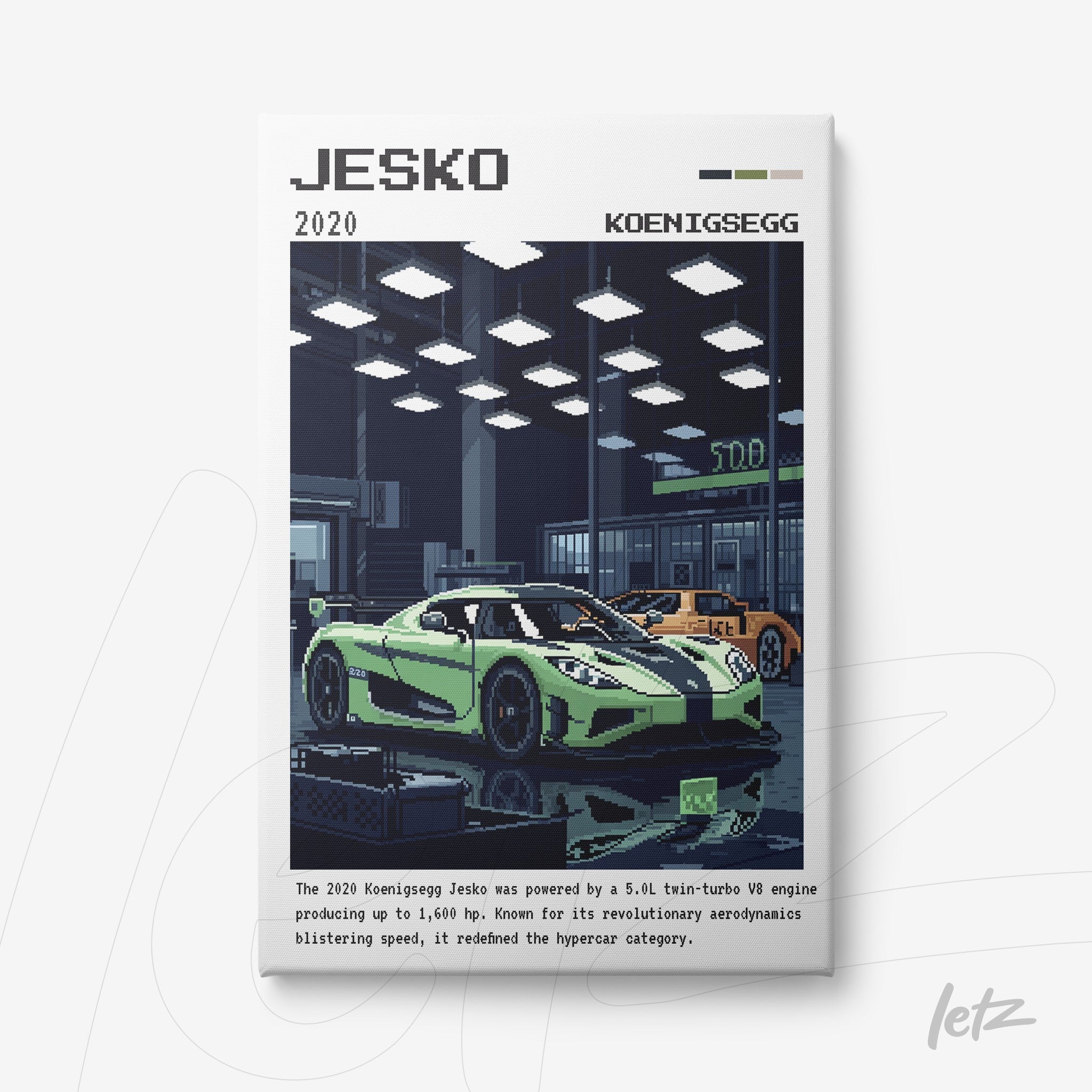 quadro em estilo pixel art com carros esportivos Koenigsegg Jesko em um showroom moderno
